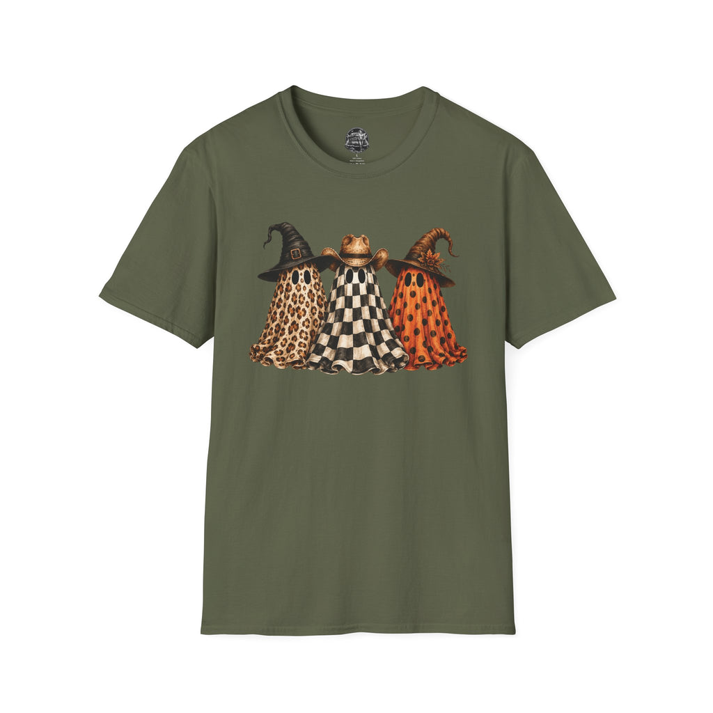 Halloween Ghost Trio T-Shirt — Leopard, Checker & Pumpkin Hat Design