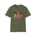 Halloween Ghost Trio T-Shirt — Leopard, Checker & Pumpkin Hat Design