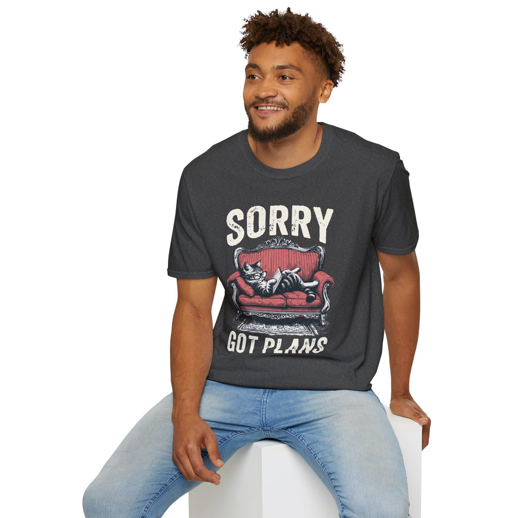 Sorry, Got Plans T‑Shirt — Cat on Couch Funny Lazy Day Tee