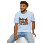 Halloween Ghost Trio T-Shirt — Leopard, Checker & Pumpkin Hat Design