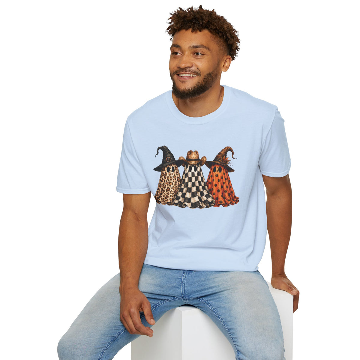 Halloween Ghost Trio T-Shirt — Leopard, Checker & Pumpkin Hat Design