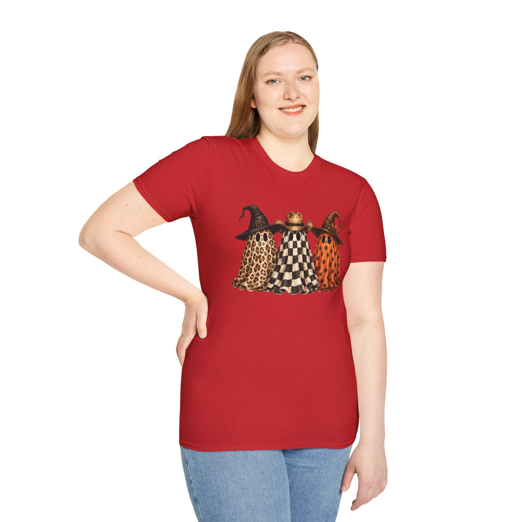 Halloween Ghost Trio T-Shirt — Leopard, Checker & Pumpkin Hat Design