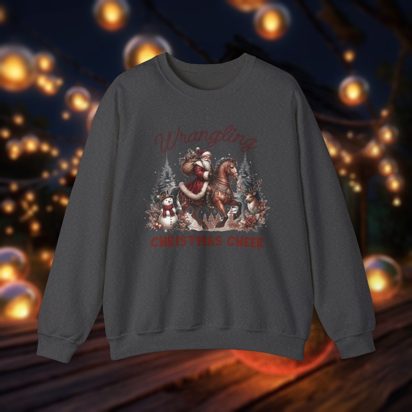 Christmas Western Sweatshirt with Santa on Horse and Snowman