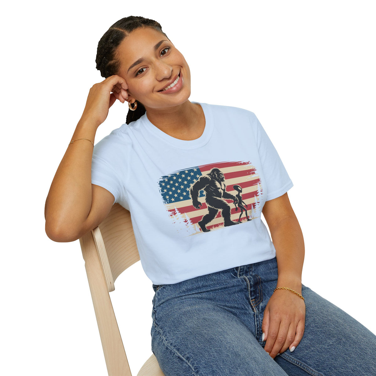 Bigfoot & Alien Patriotic T-Shirt — Distressed Flag Cryptid Design