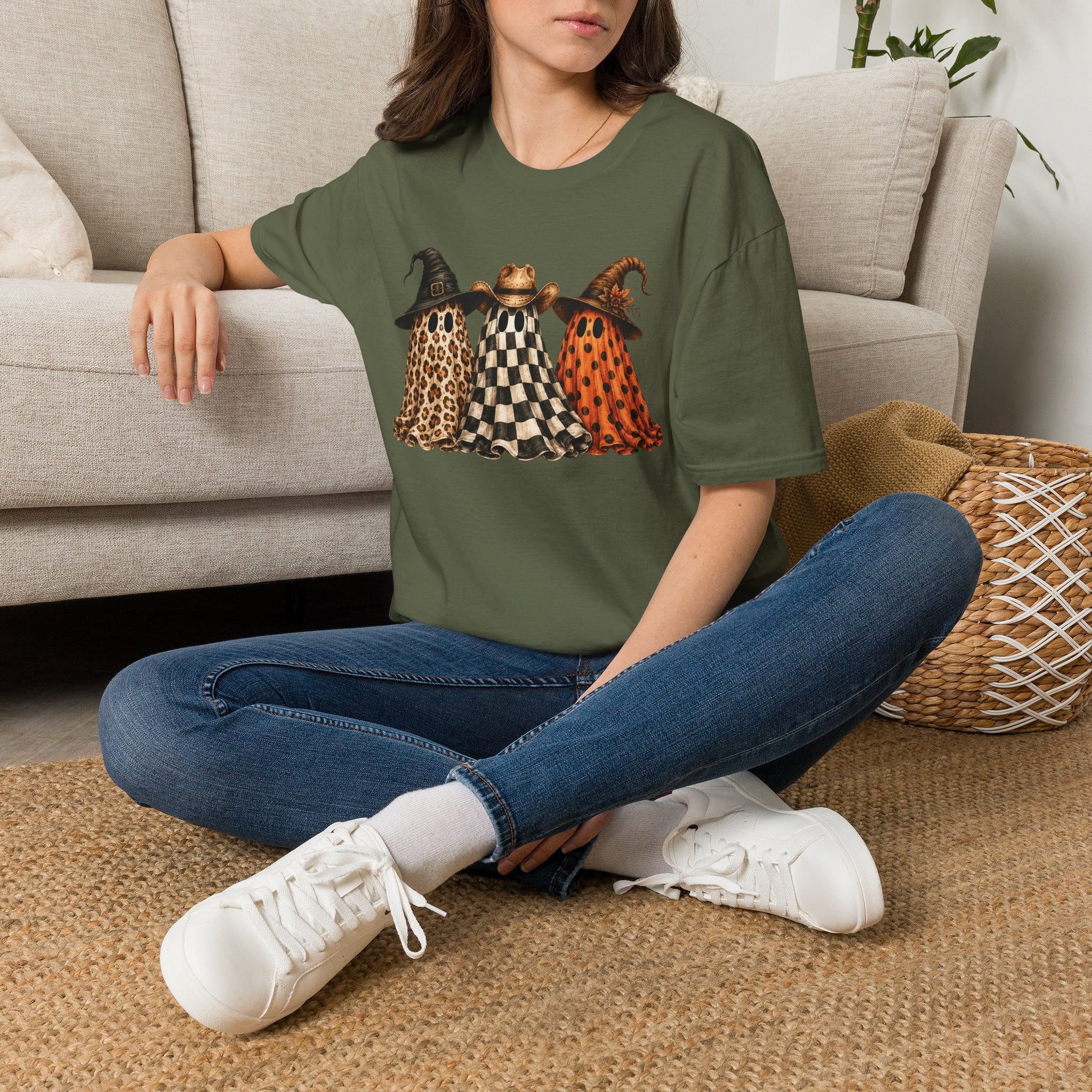 Halloween Ghost Trio T-Shirt — Leopard, Checker & Pumpkin Hat Design
