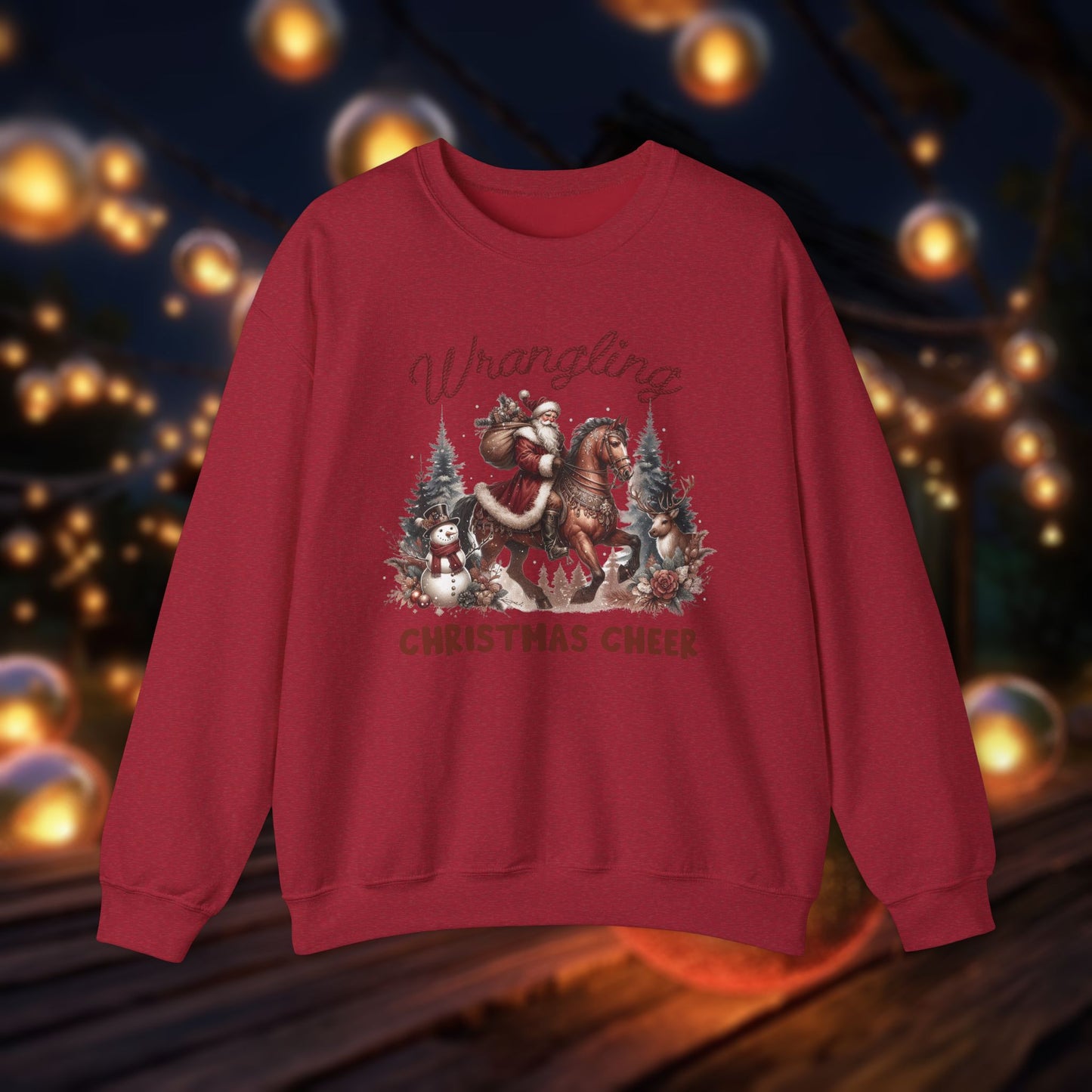 Christmas Western Sweatshirt with Santa on Horse and Snowman