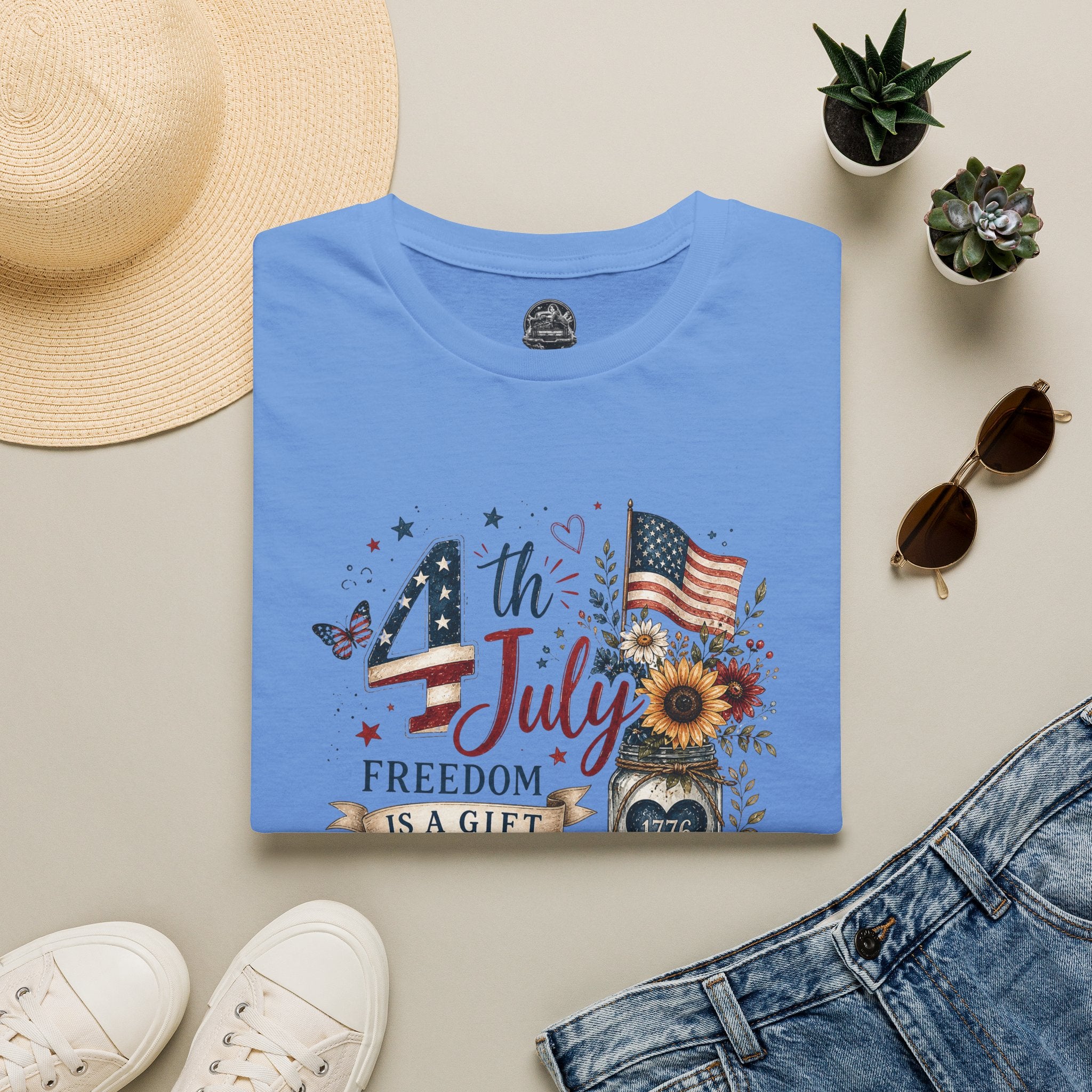4th of July T-Shirt — "Freedom Is A Gift" Patriotic American Flag & Sunflower Tee