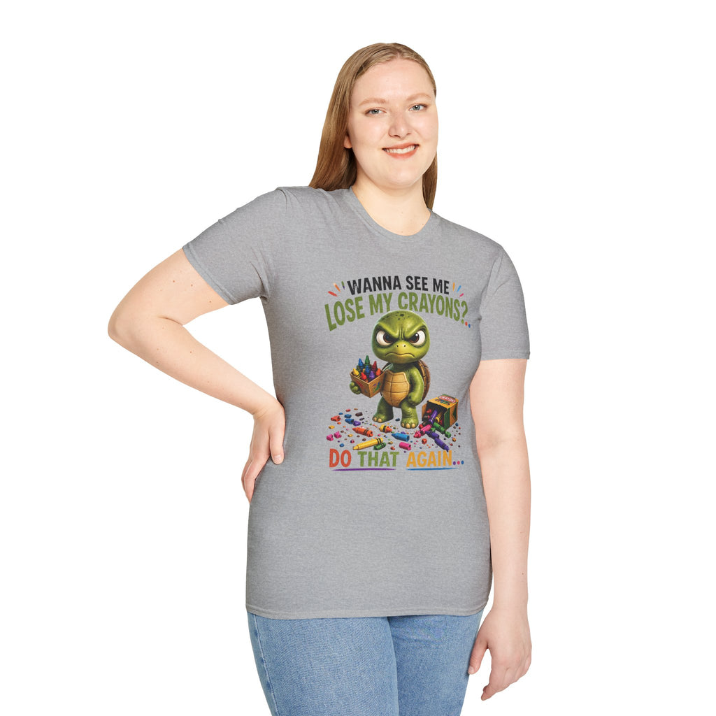 Funny Angry Turtle T-Shirt — “Wanna See Me Lose My Crayons? Do That Again…” — Teacher & Art Lover Tee