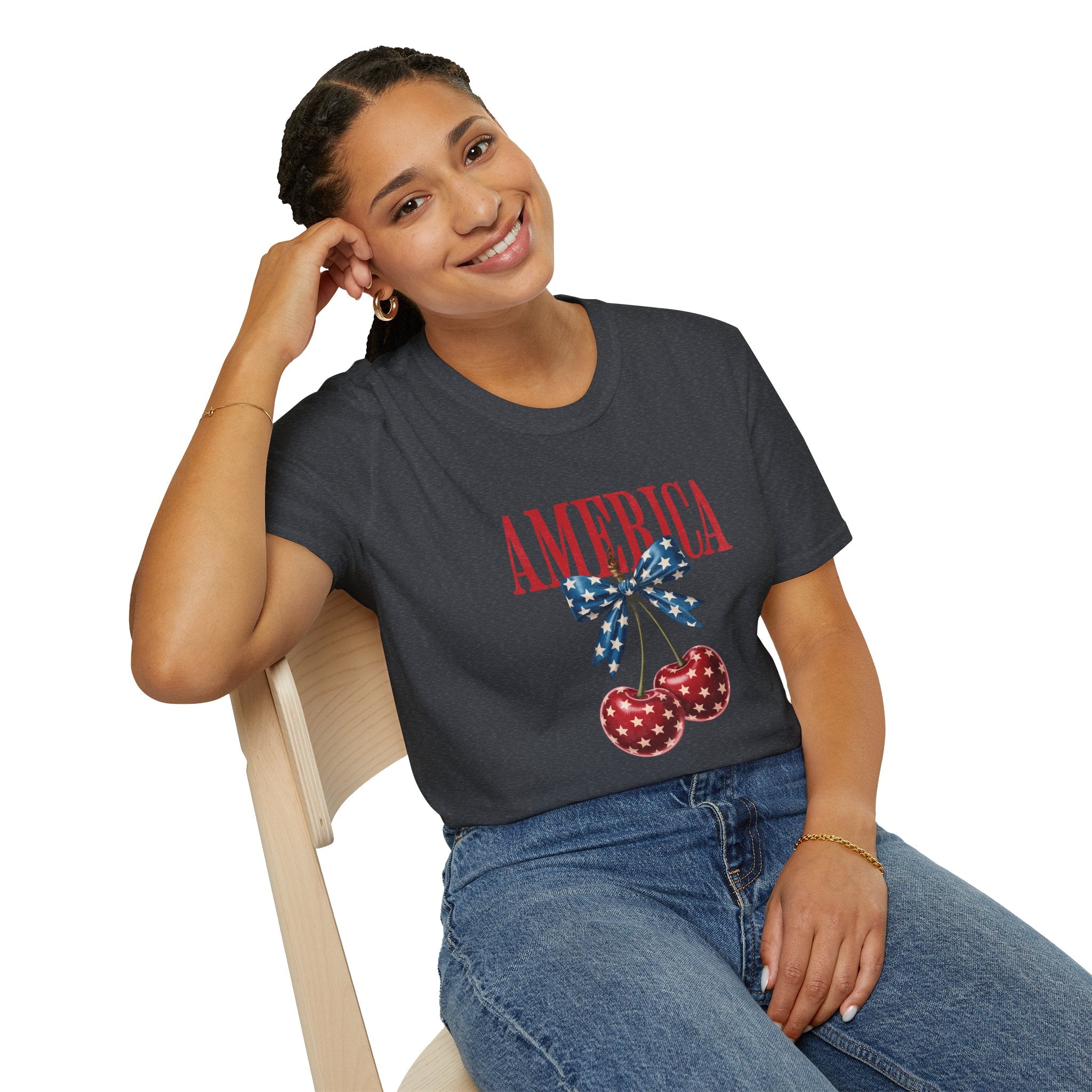 America Cherry Graphic T‑Shirt — Patriotic Stars & Stripes Bow Tee