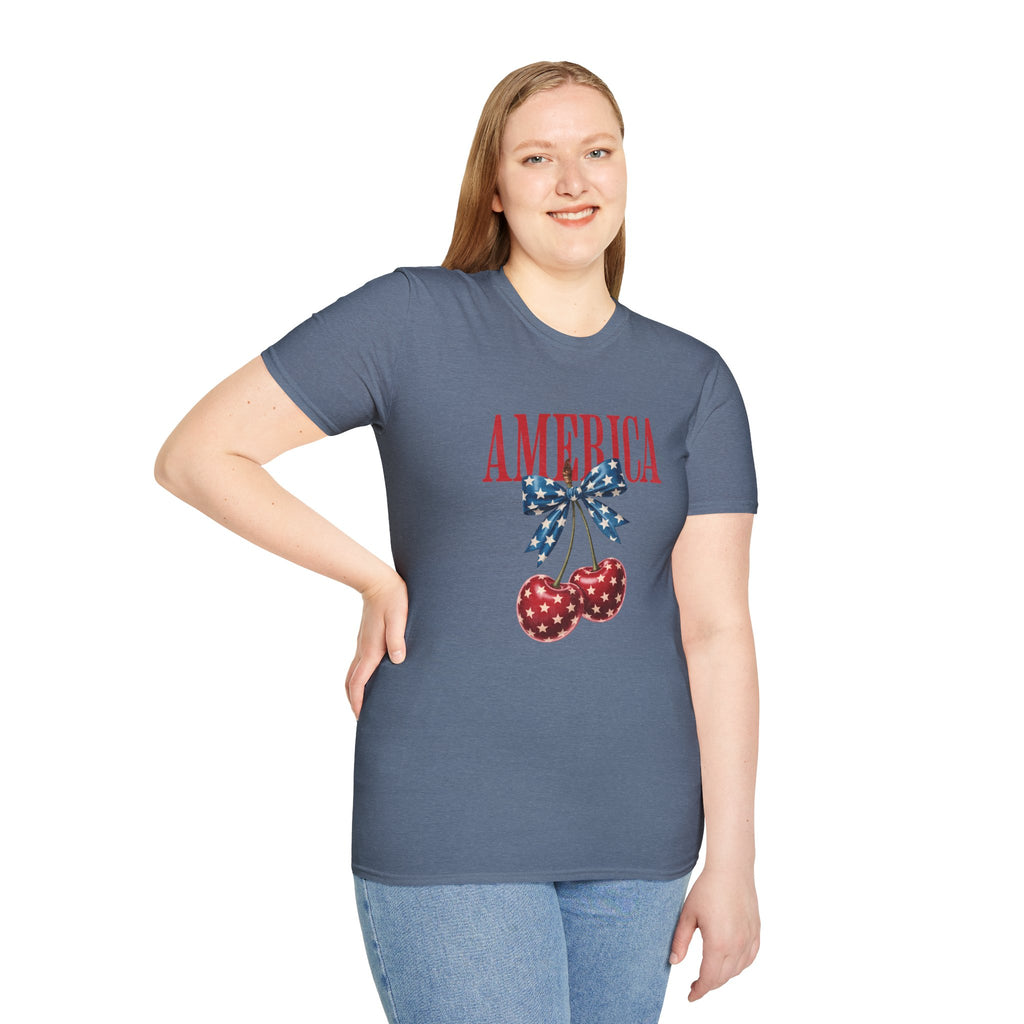America Cherry Graphic T‑Shirt — Patriotic Stars & Stripes Bow Tee