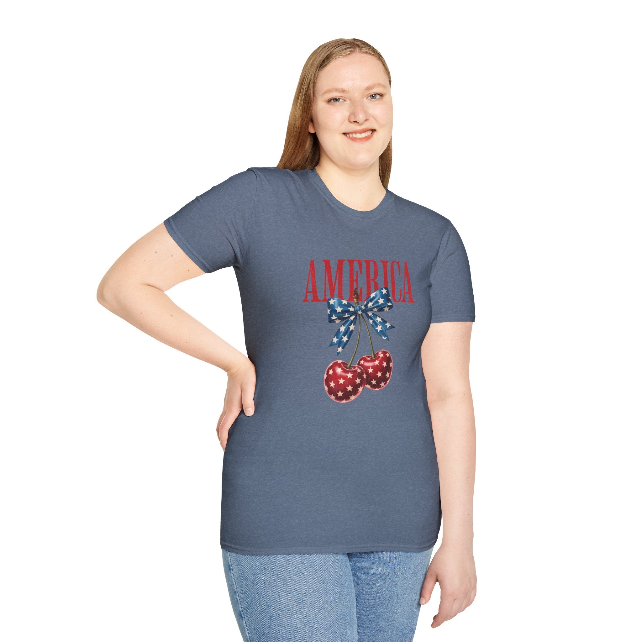 America Cherry Graphic T‑Shirt — Patriotic Stars & Stripes Bow Tee