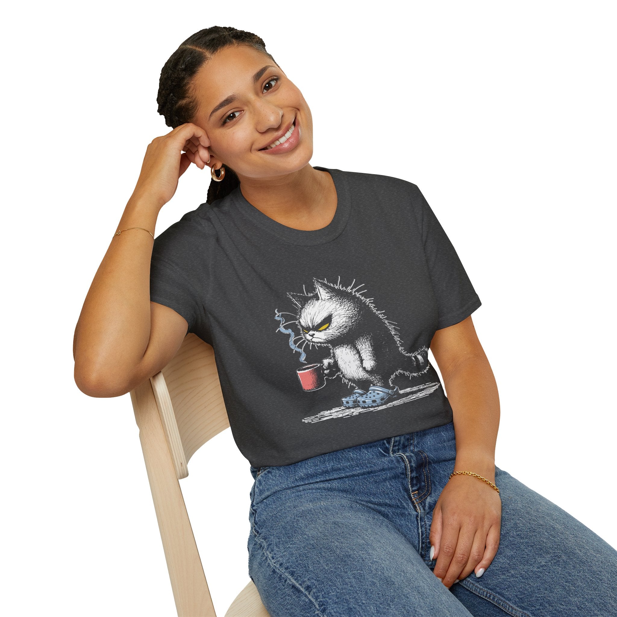 Grumpy Cat with Coffee T-Shirt — Moody Morning Cat Graphic Tee