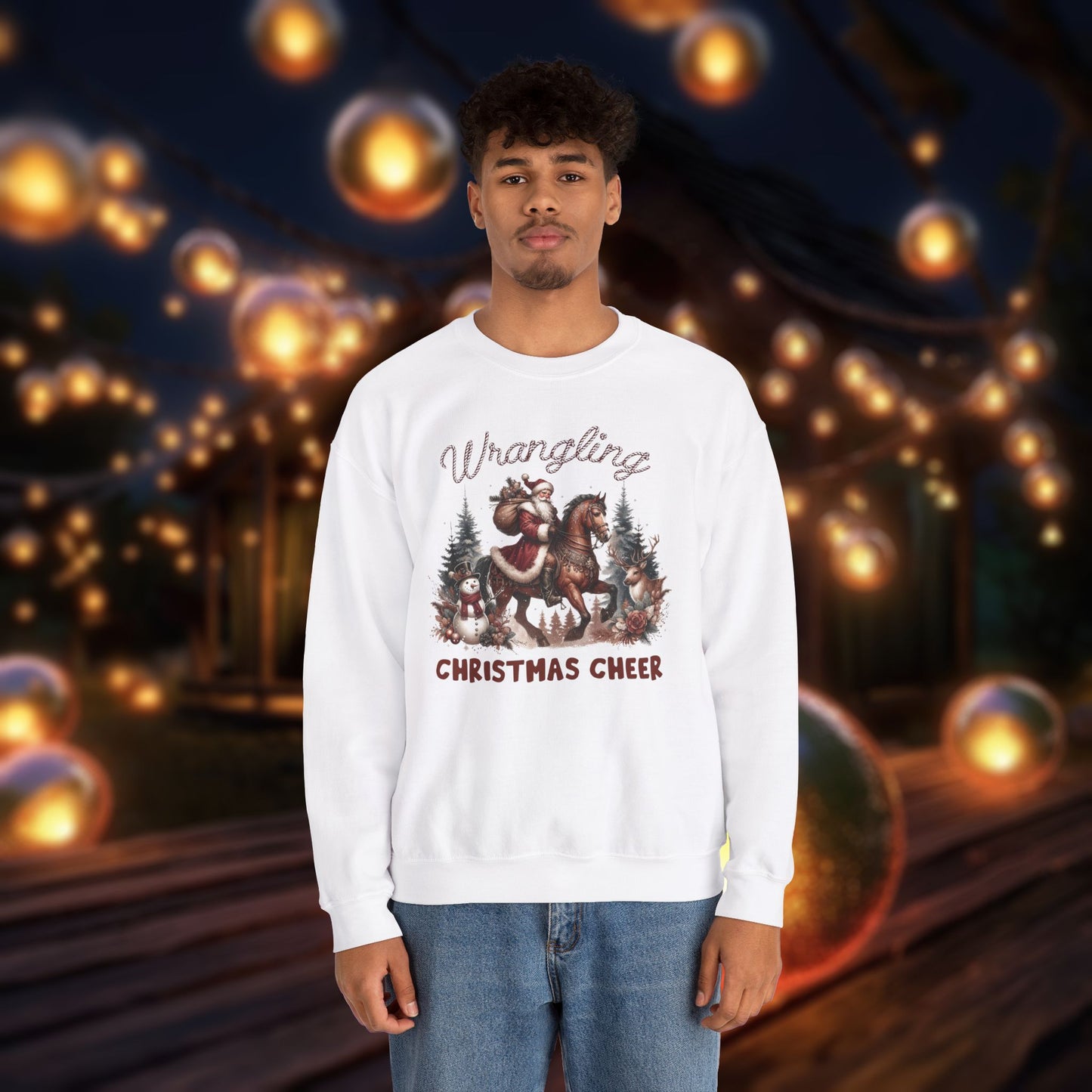 Christmas Western Sweatshirt with Santa on Horse and Snowman