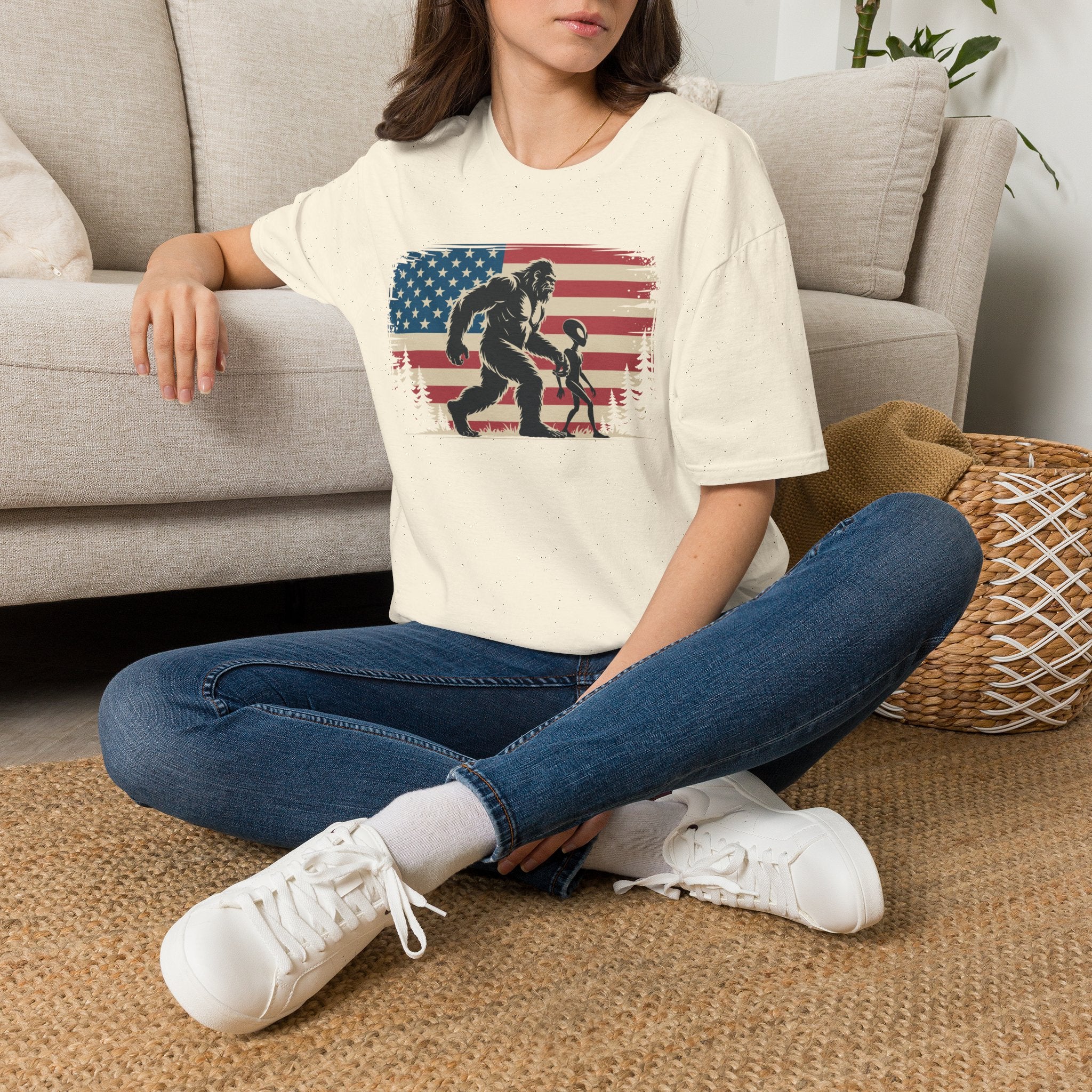 Bigfoot & Alien Patriotic T-Shirt — Distressed Flag Cryptid Design