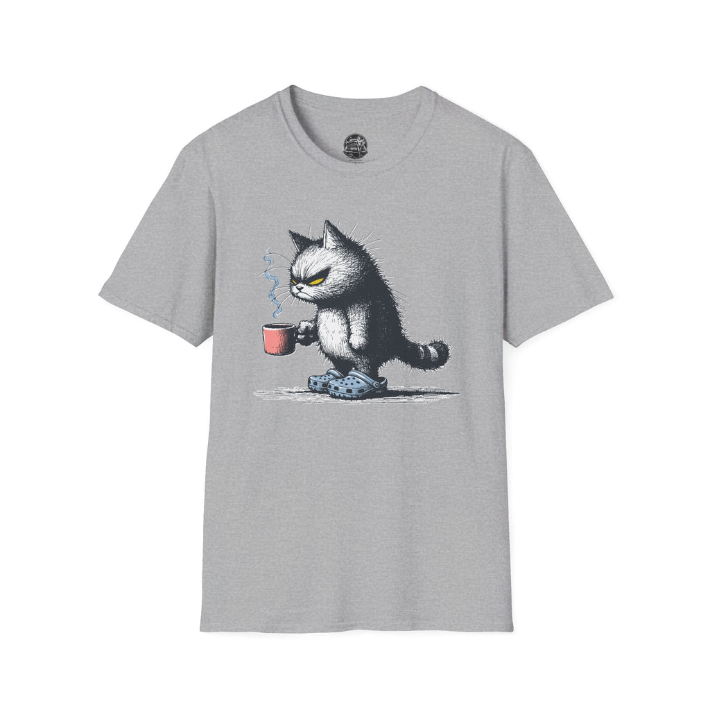 Cat Coffee T-Shirt — Grumpy Cat Holding Mug Illustration