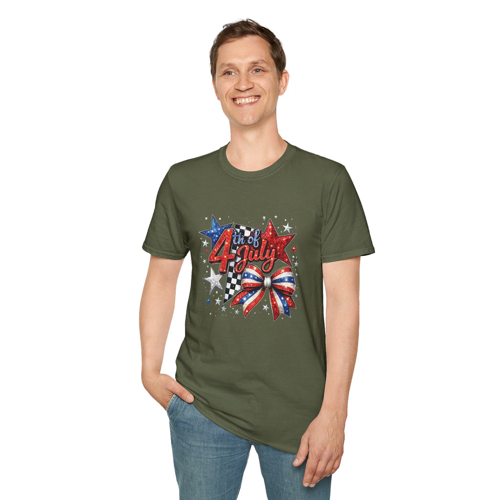 4th of July Patriotic T-Shirt – Red White Blue Stars & Bow Design