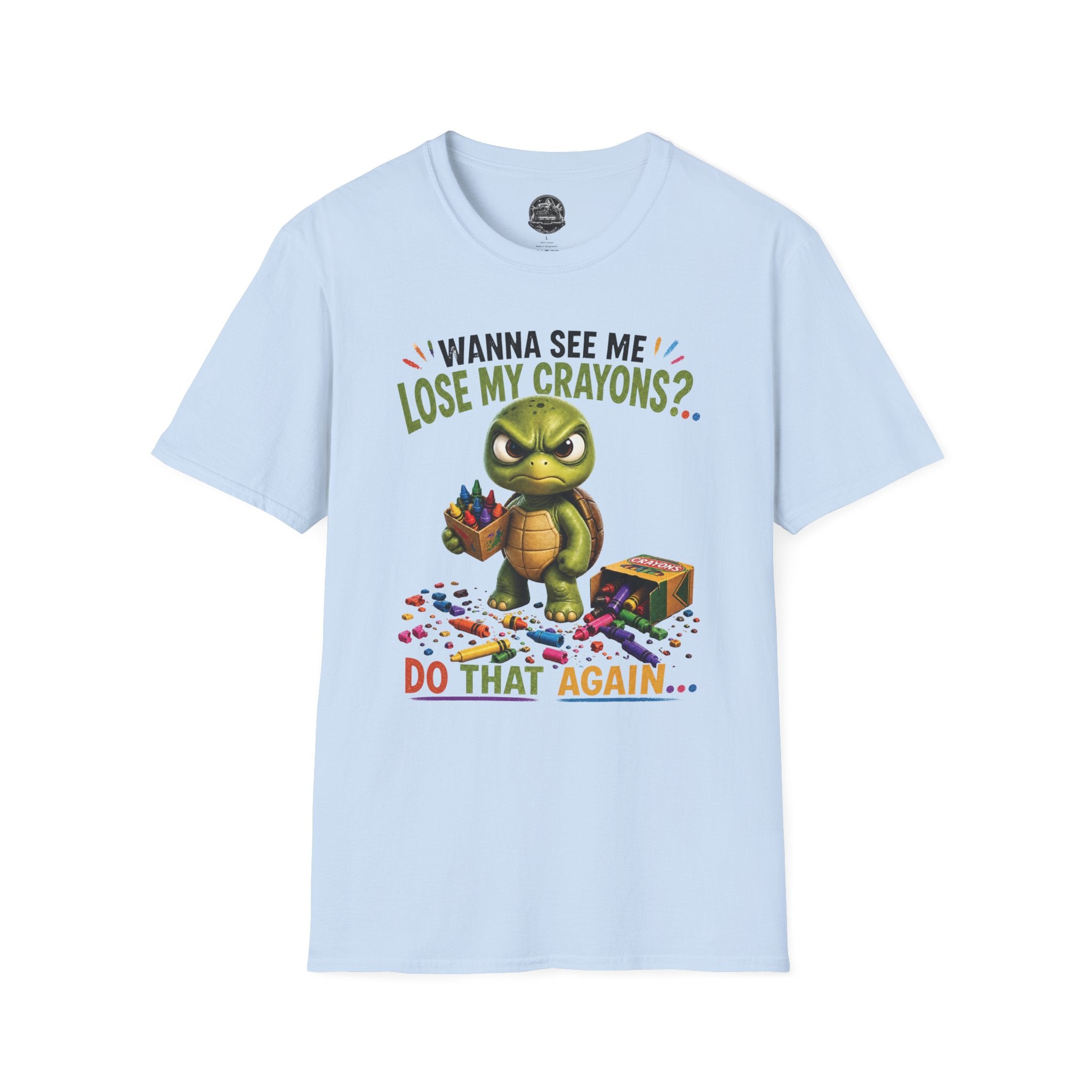Funny Angry Turtle T-Shirt — “Wanna See Me Lose My Crayons? Do That Again…” — Teacher & Art Lover Tee