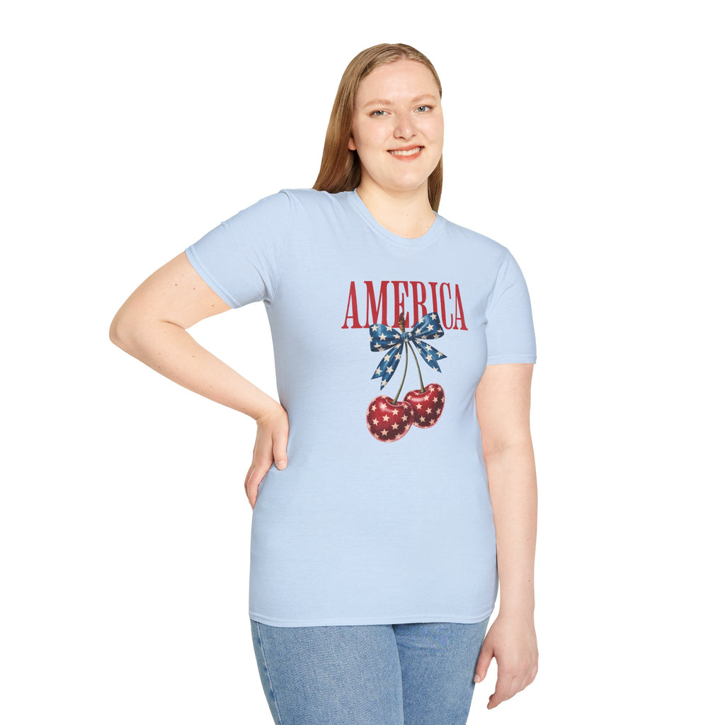 Patriotic Cherry T-Shirt — Glossy Stars & Vintage “AMERICA” Design