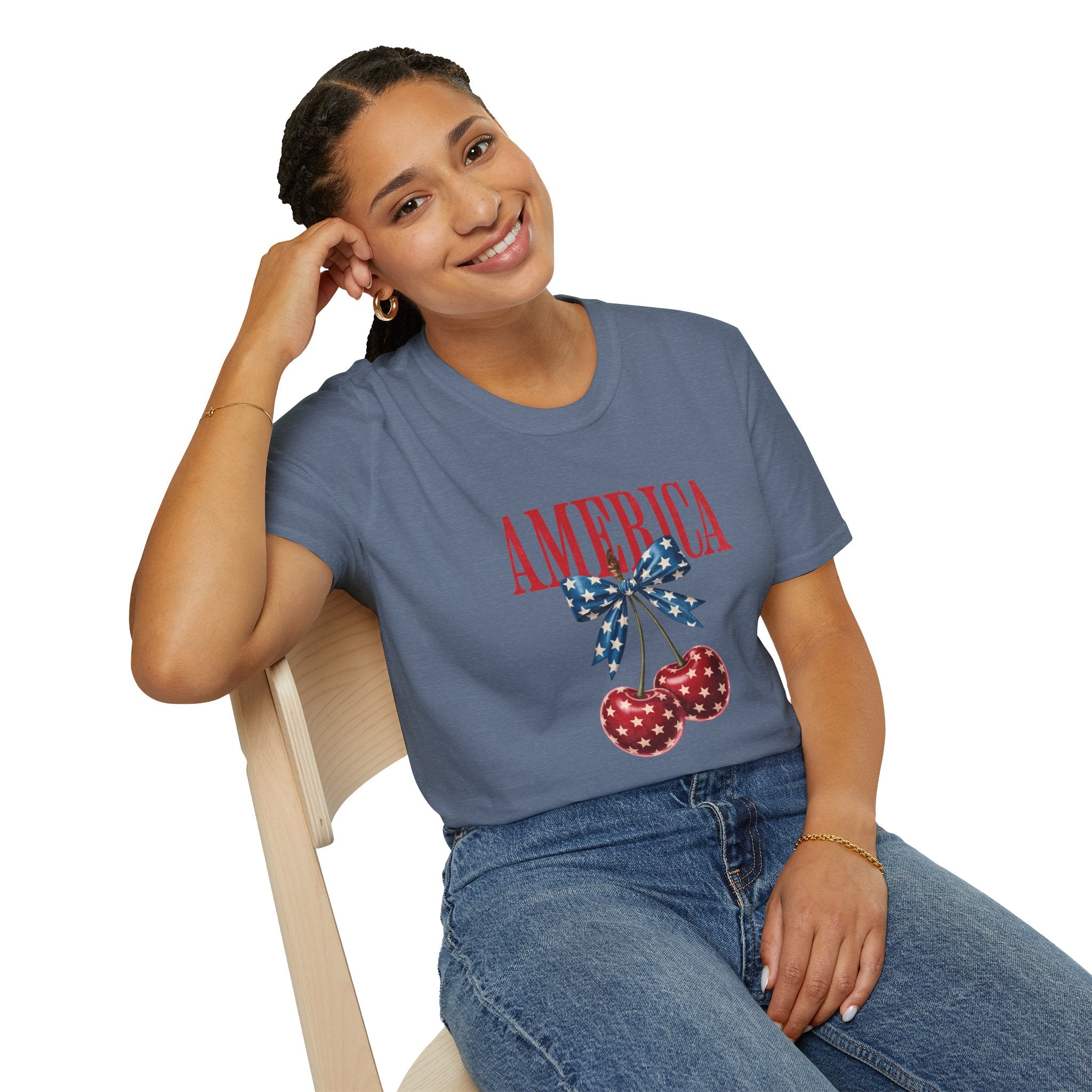 America Cherry Graphic T‑Shirt — Patriotic Stars & Stripes Bow Tee