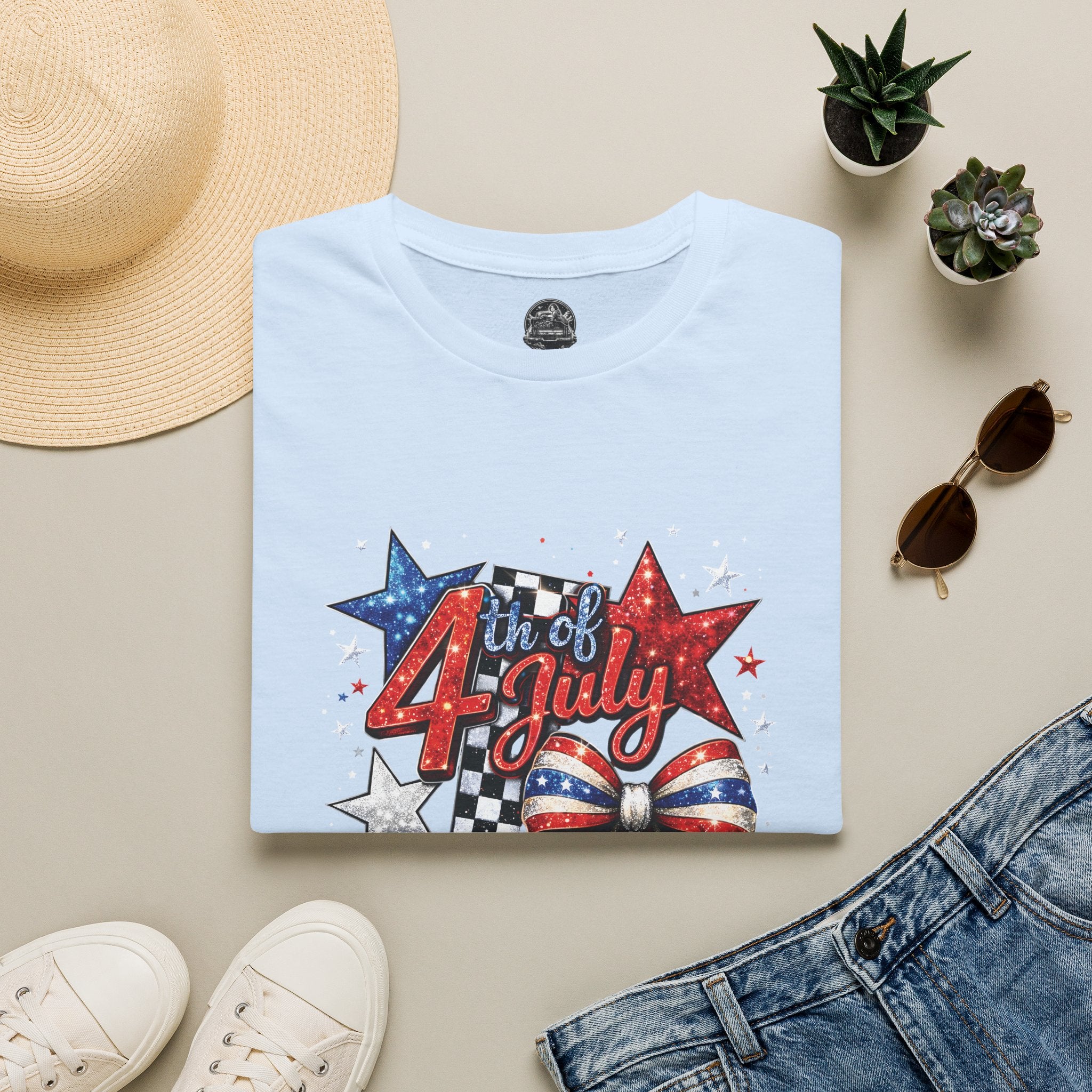 4th of July Patriotic T-Shirt – Red White Blue Stars & Bow Design