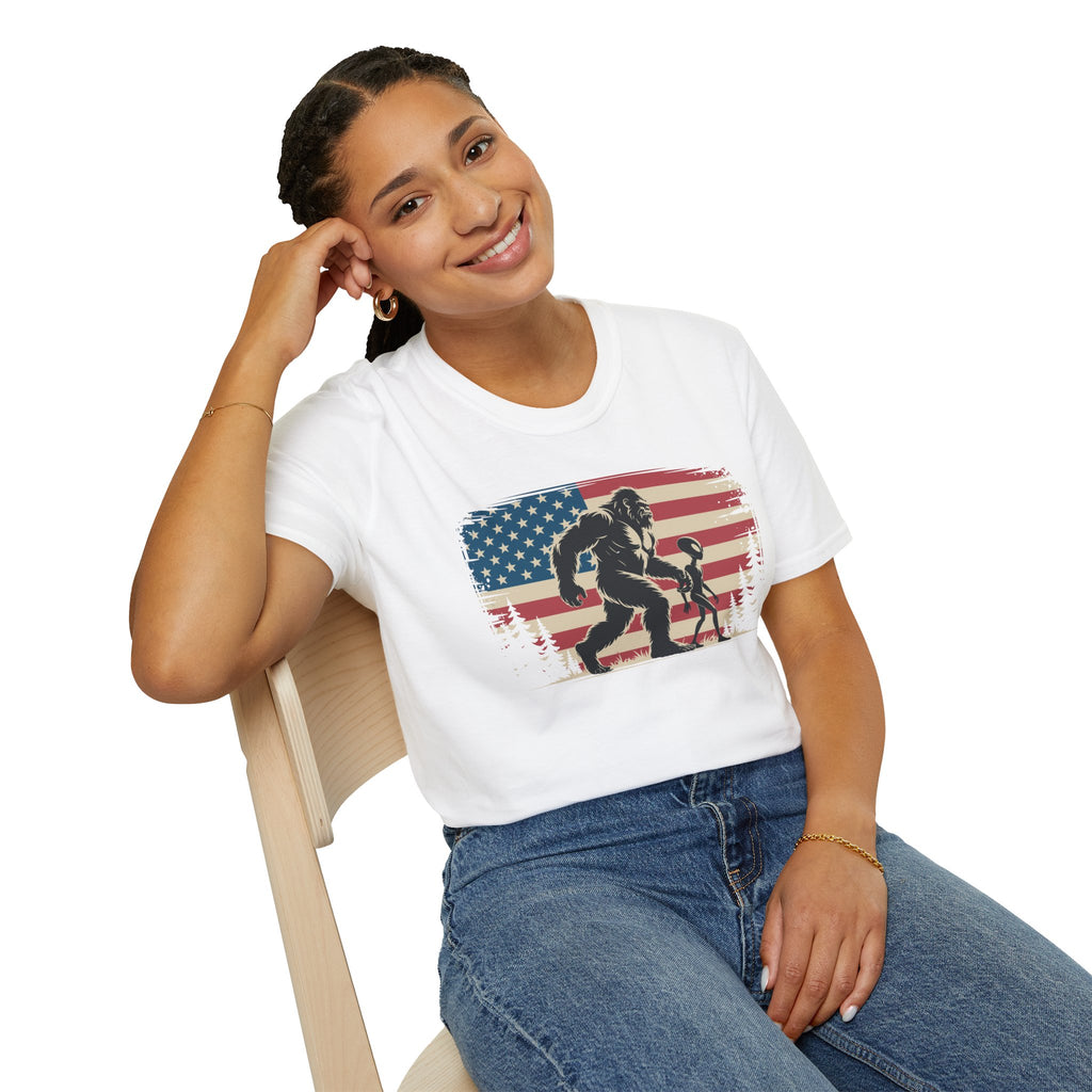 Bigfoot & Alien Patriotic T-Shirt — Distressed Flag Cryptid Design
