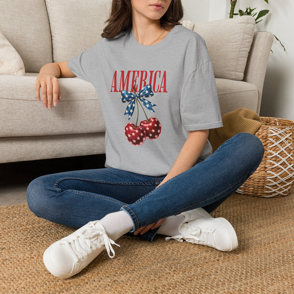 America Cherry Graphic T‑Shirt — Patriotic Stars & Stripes Bow Tee