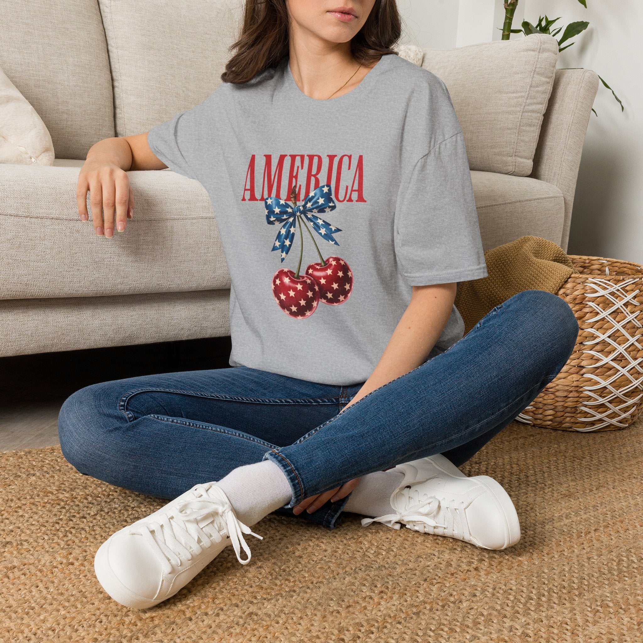 America Cherry Graphic T‑Shirt — Patriotic Stars & Stripes Bow Tee