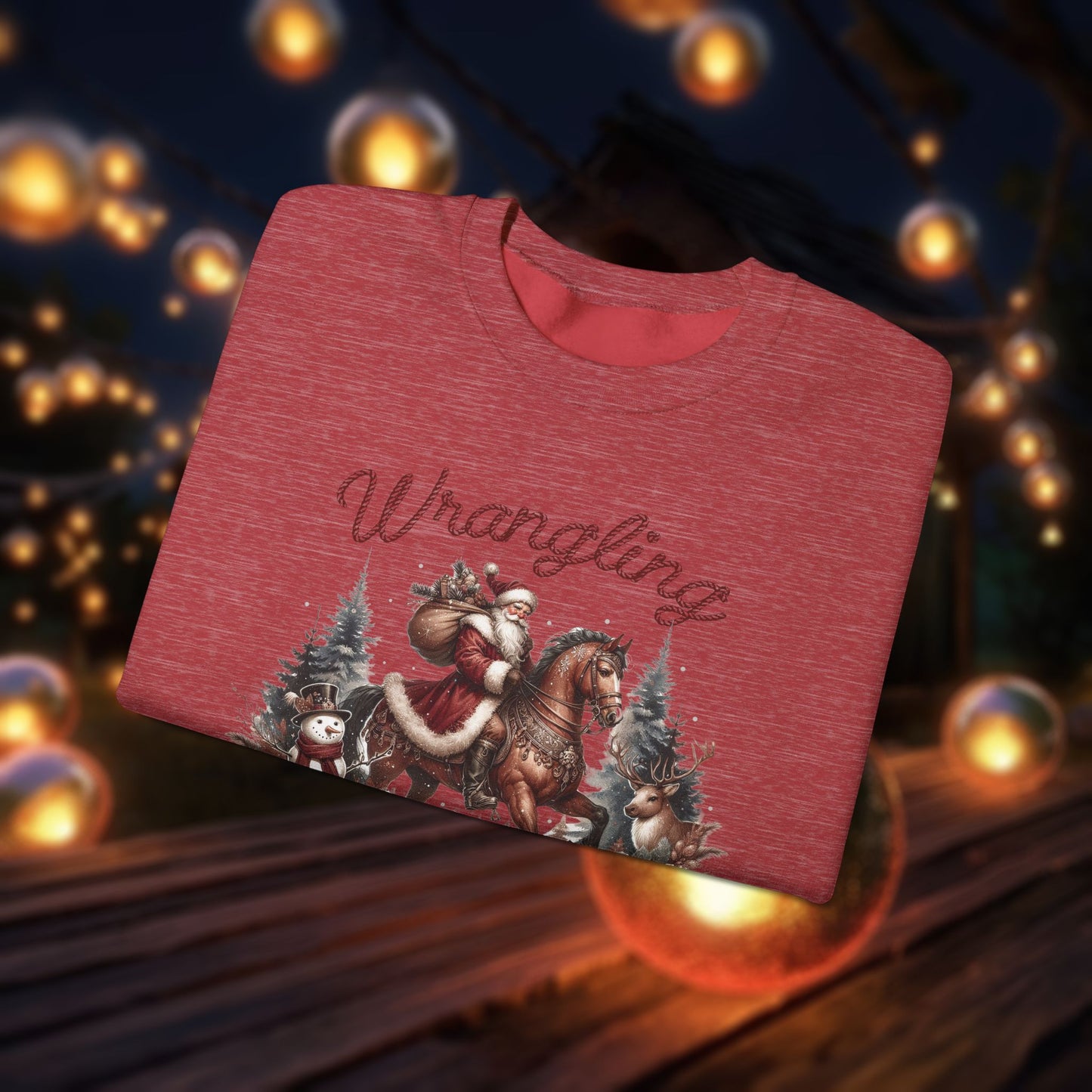 Christmas Western Sweatshirt with Santa on Horse and Snowman