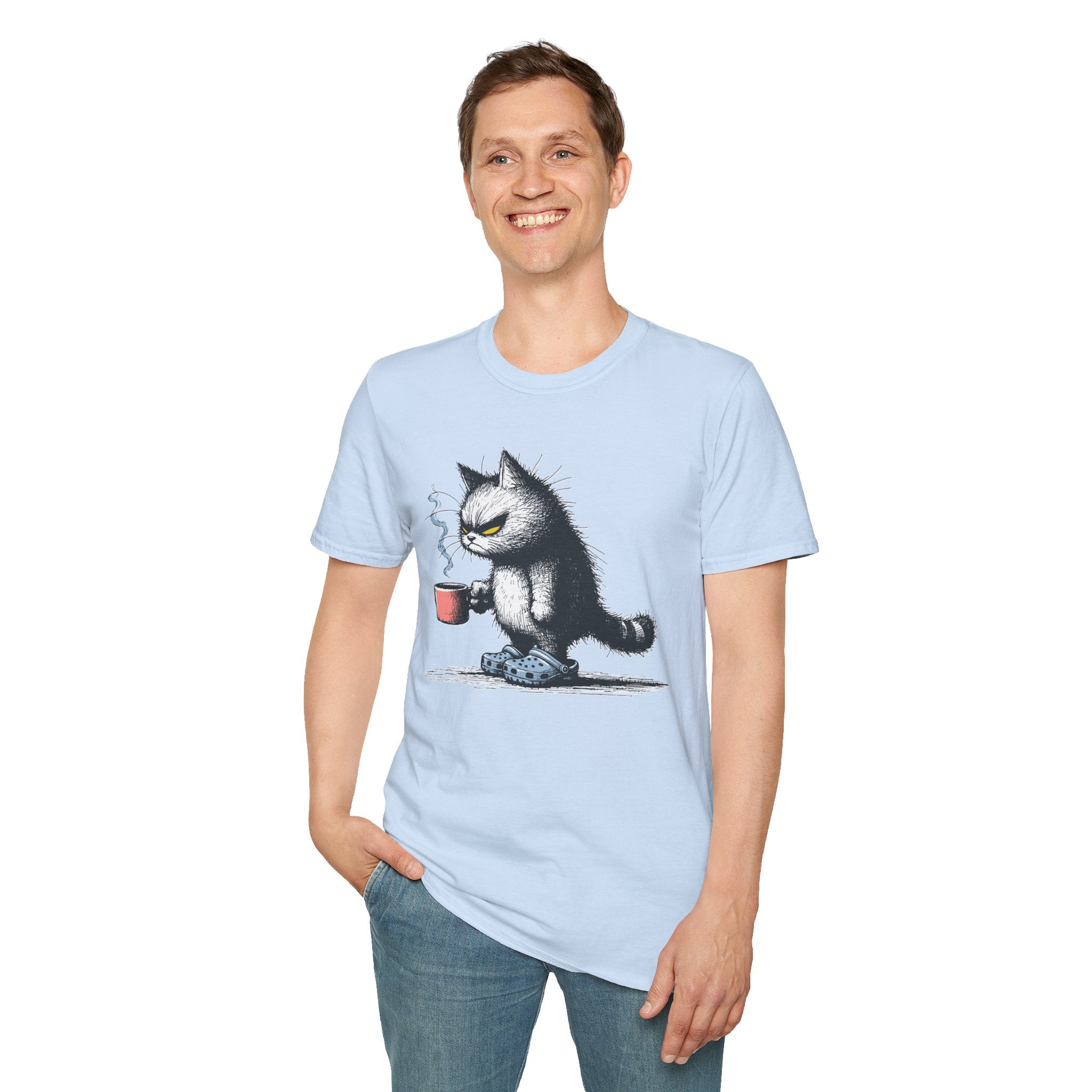 Cat Coffee T-Shirt — Grumpy Cat Holding Mug Illustration