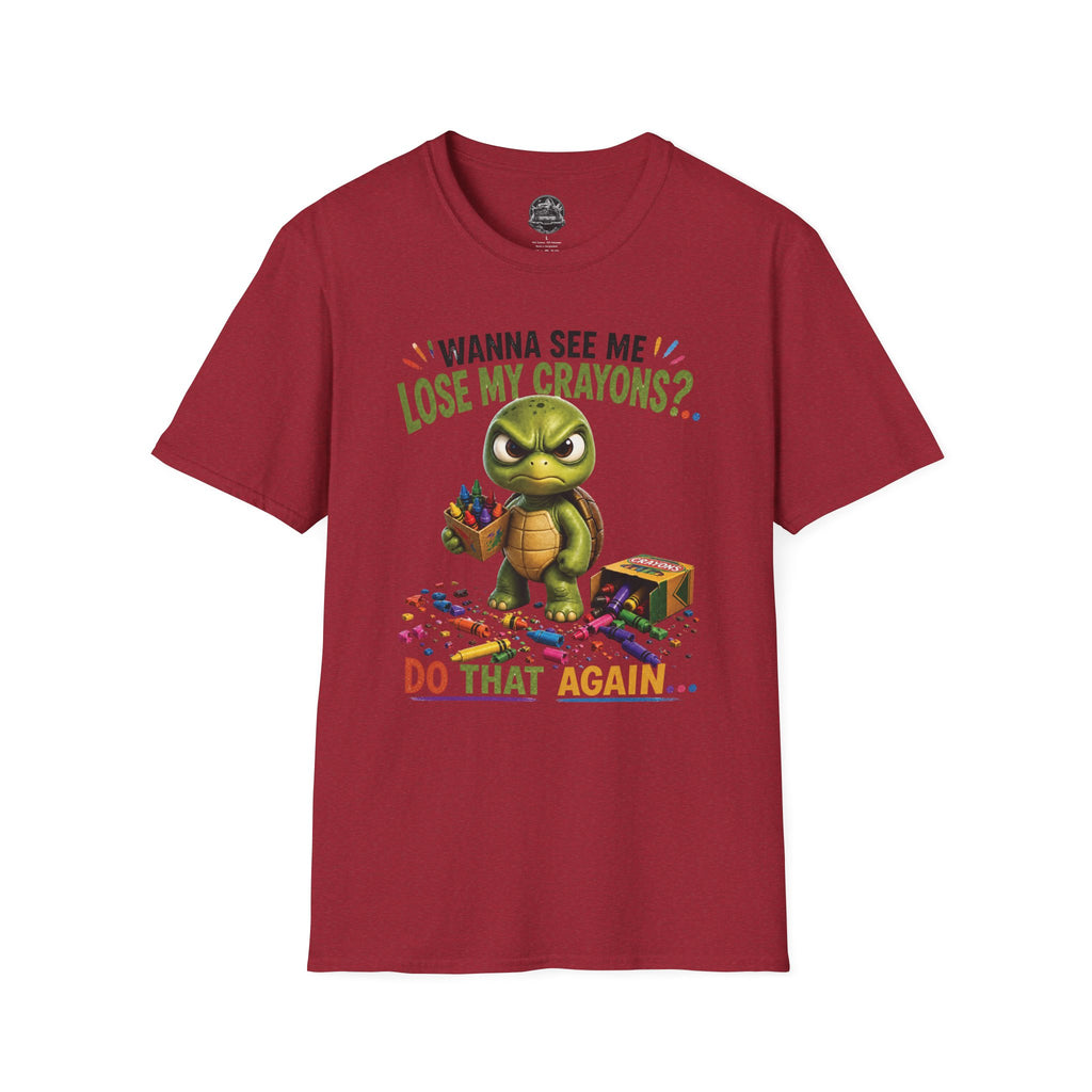Funny Angry Turtle T-Shirt — “Wanna See Me Lose My Crayons? Do That Again…” — Teacher & Art Lover Tee