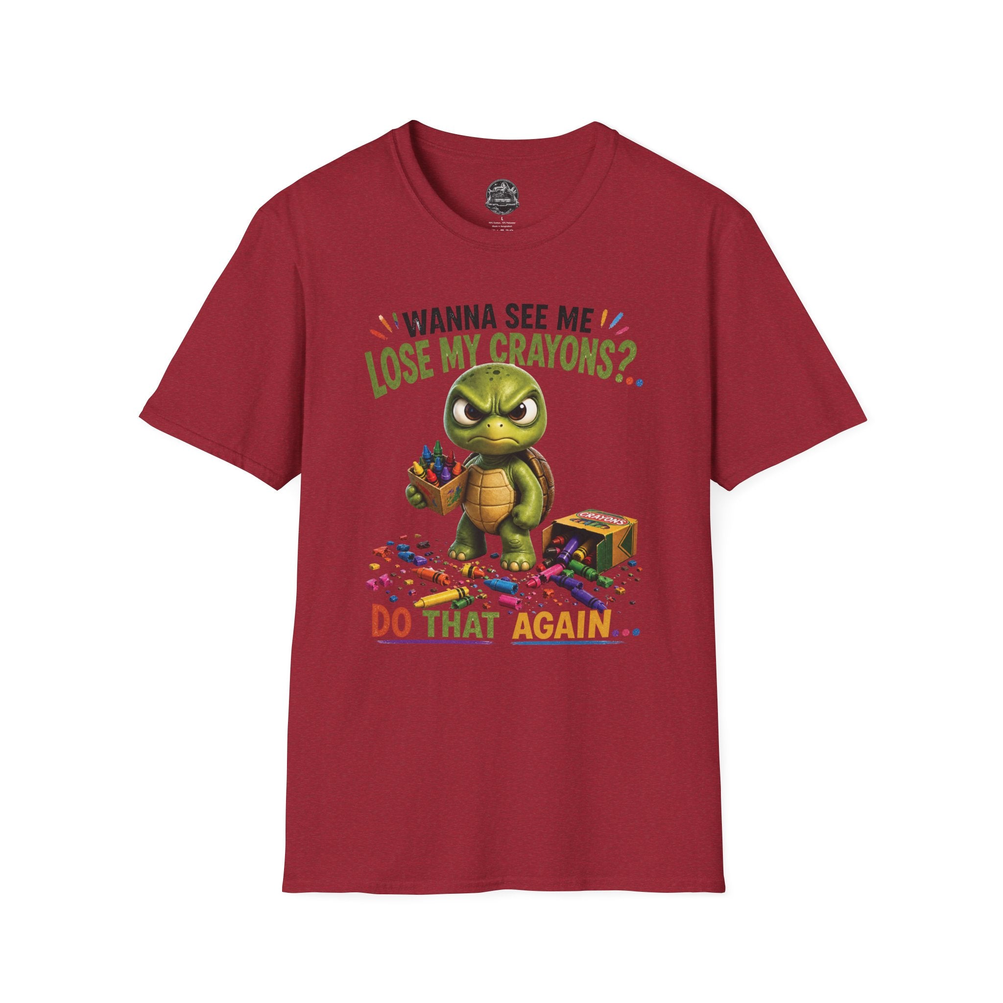 Funny Angry Turtle T-Shirt — “Wanna See Me Lose My Crayons? Do That Again…” — Teacher & Art Lover Tee