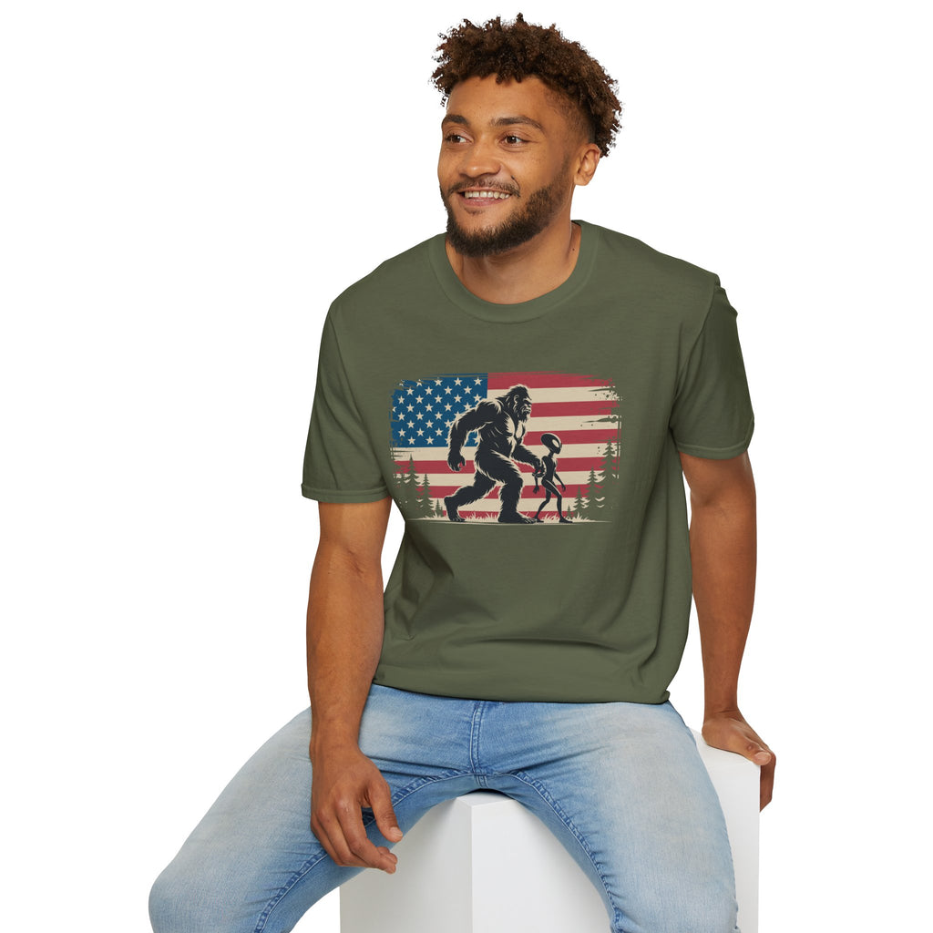 Bigfoot & Alien Patriotic T-Shirt — Distressed Flag Cryptid Design