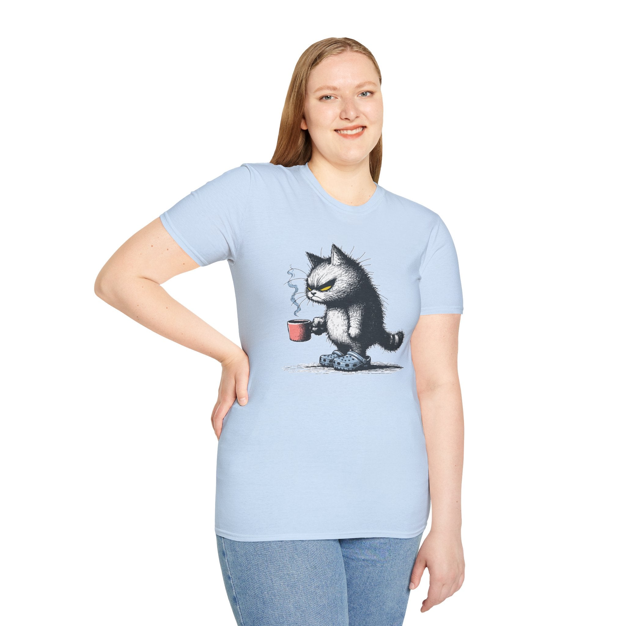 Cat Coffee T-Shirt — Grumpy Cat Holding Mug Illustration