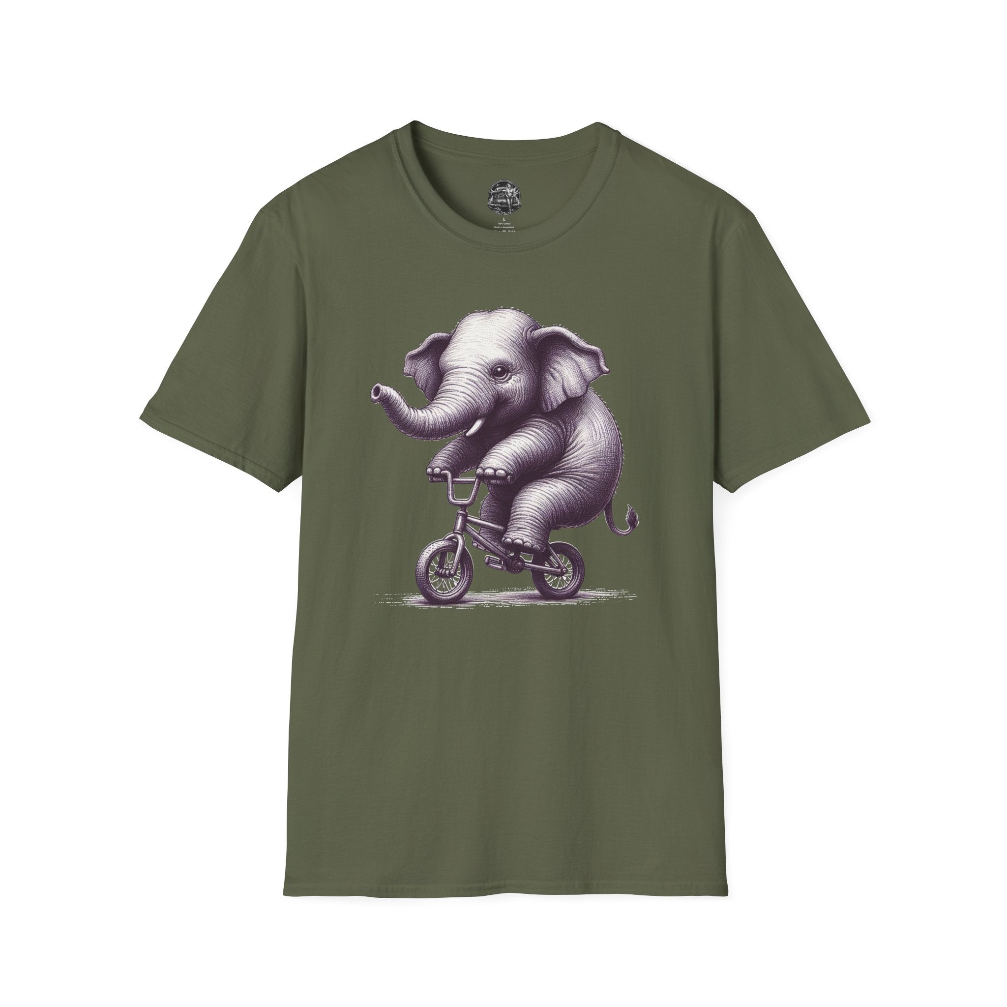 Cute Elephant on Bicycle T-Shirt — Whimsical Vintage Baby Elephant Graphic Tee