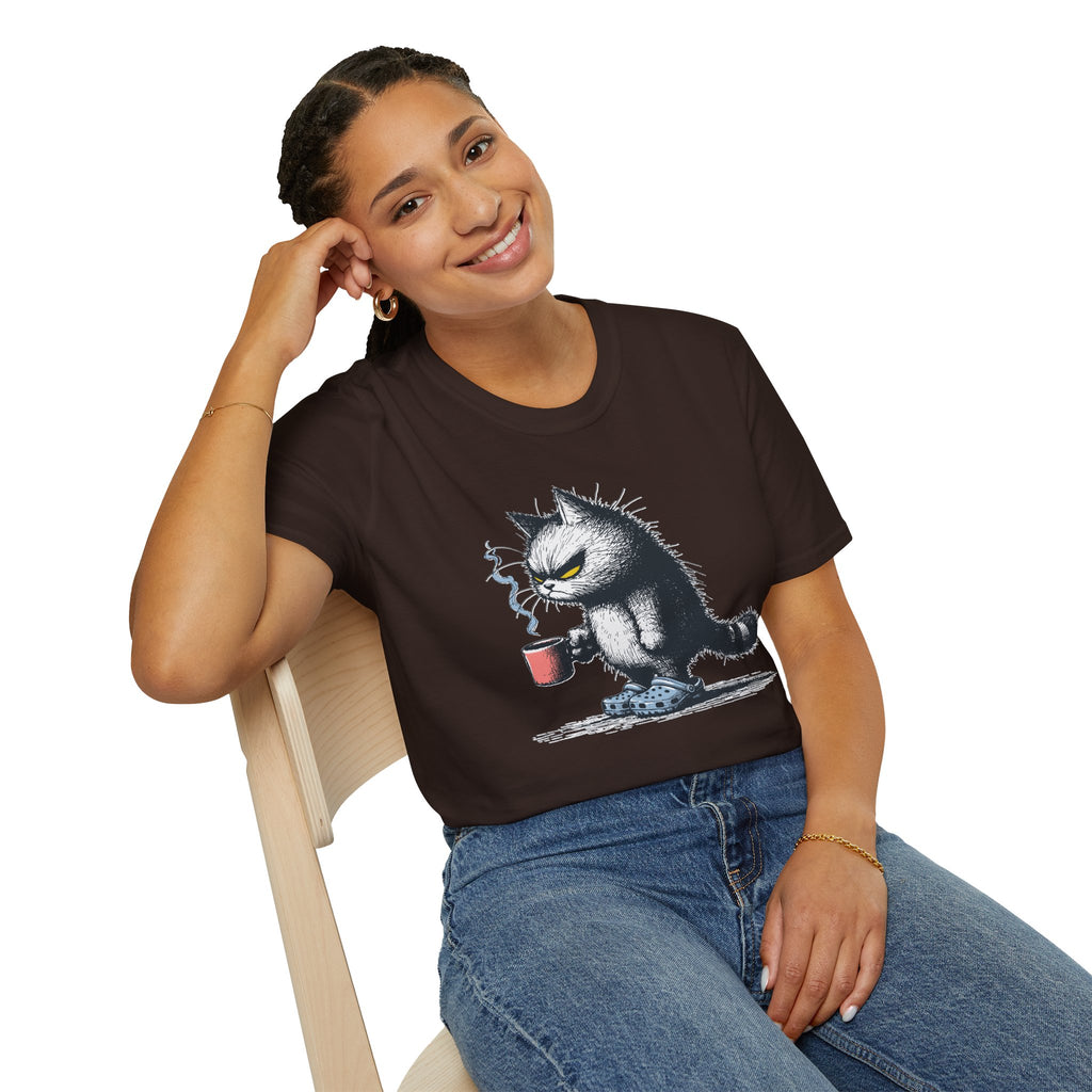 Cat Coffee T-Shirt — Grumpy Cat Holding Mug Illustration