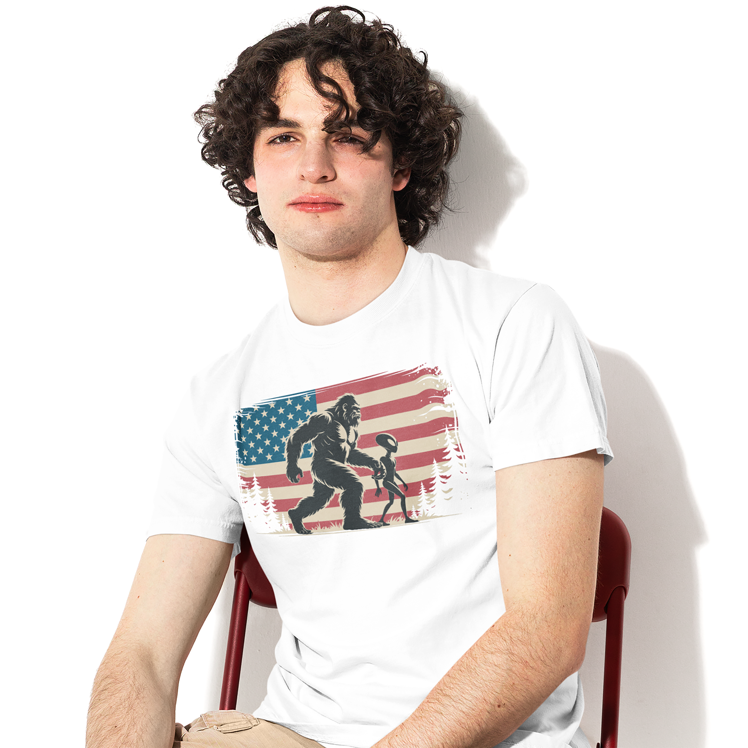 Bigfoot & Alien Holding Hands T-Shirt — American Flag Graphic