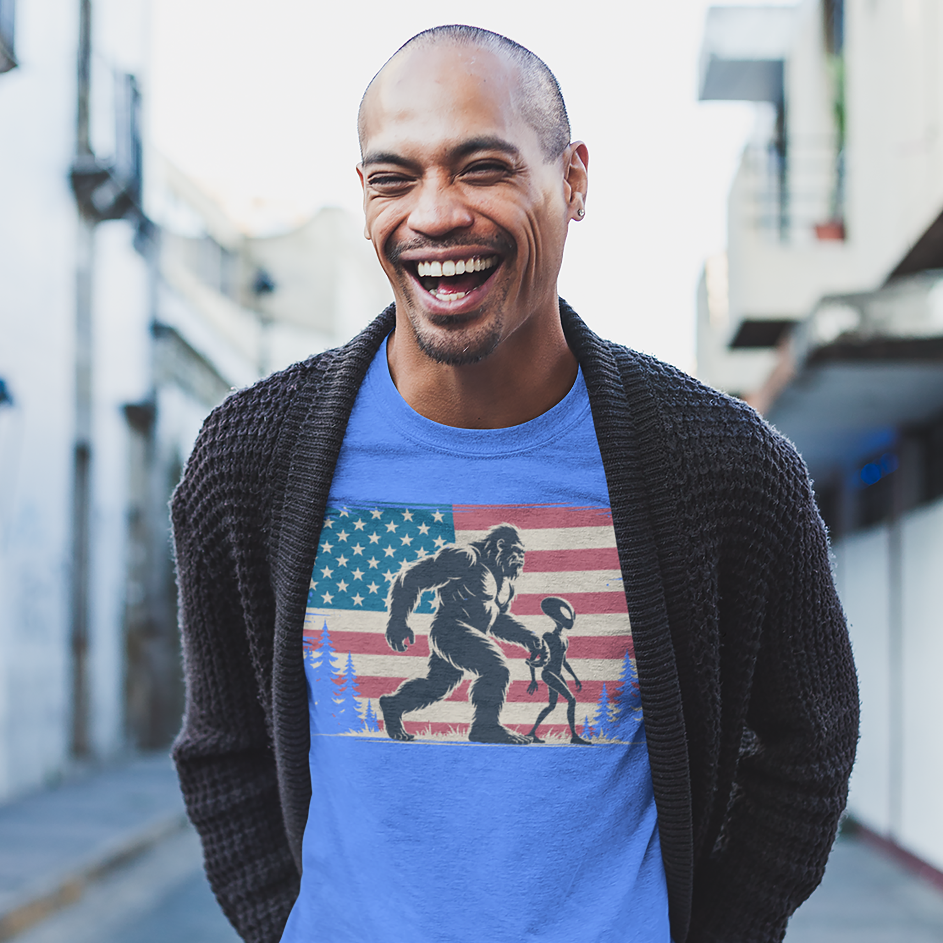 Bigfoot & Alien Holding Hands T-Shirt — American Flag Graphic