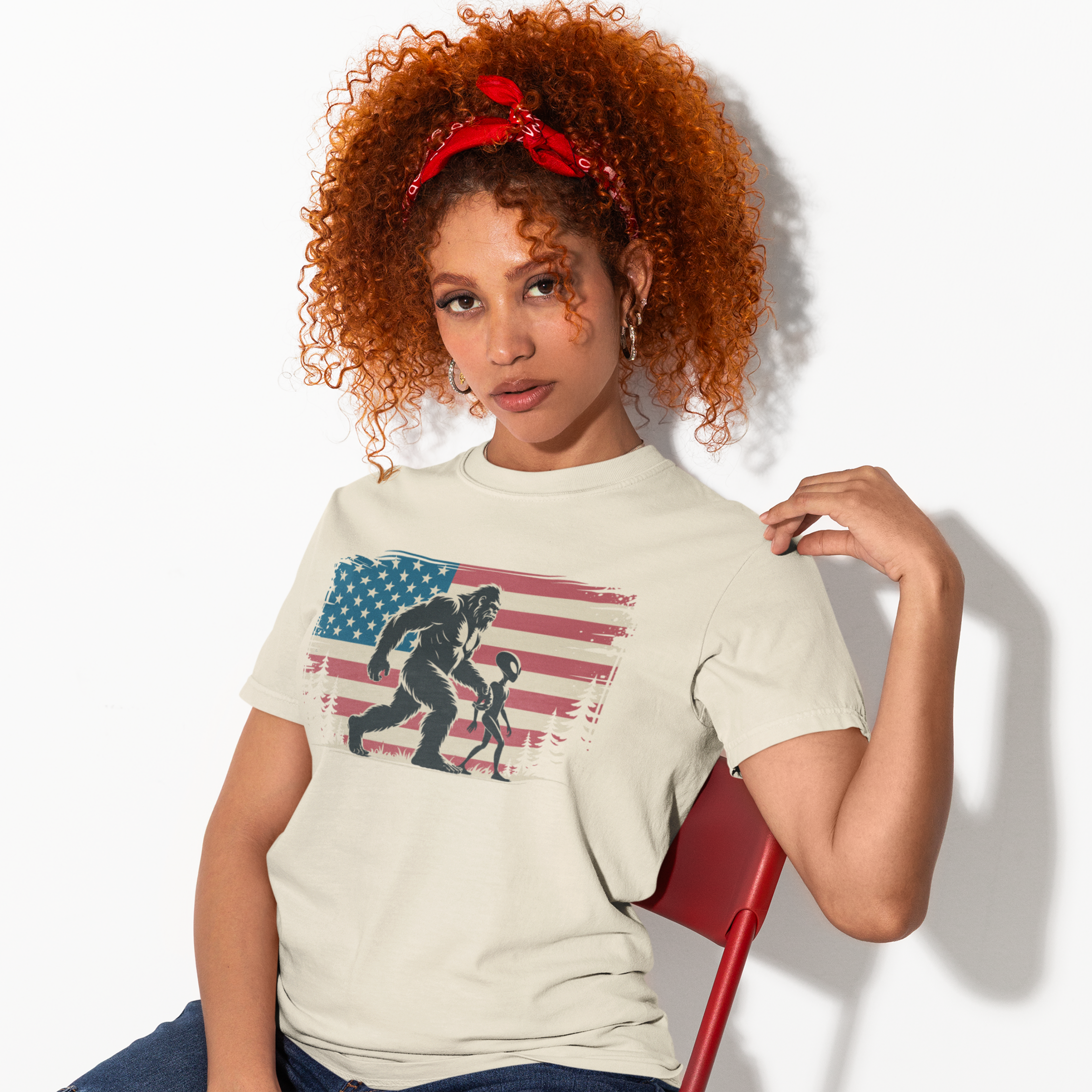 Bigfoot & Alien Holding Hands T-Shirt — American Flag Graphic
