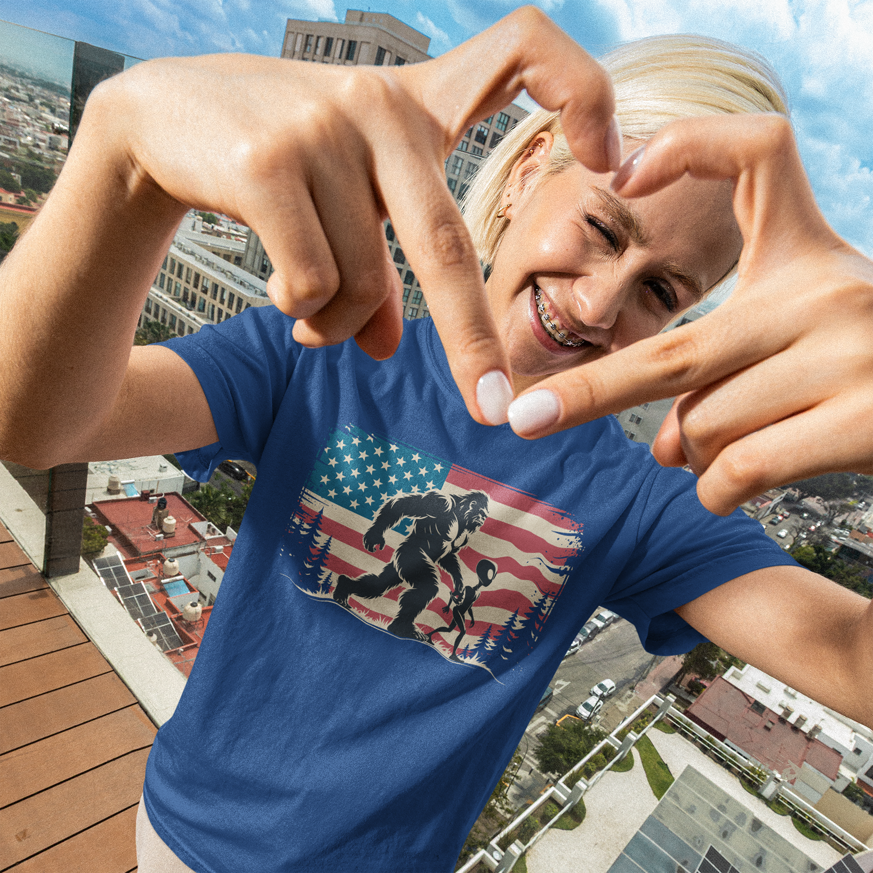 Bigfoot & Alien Holding Hands T-Shirt — American Flag Graphic