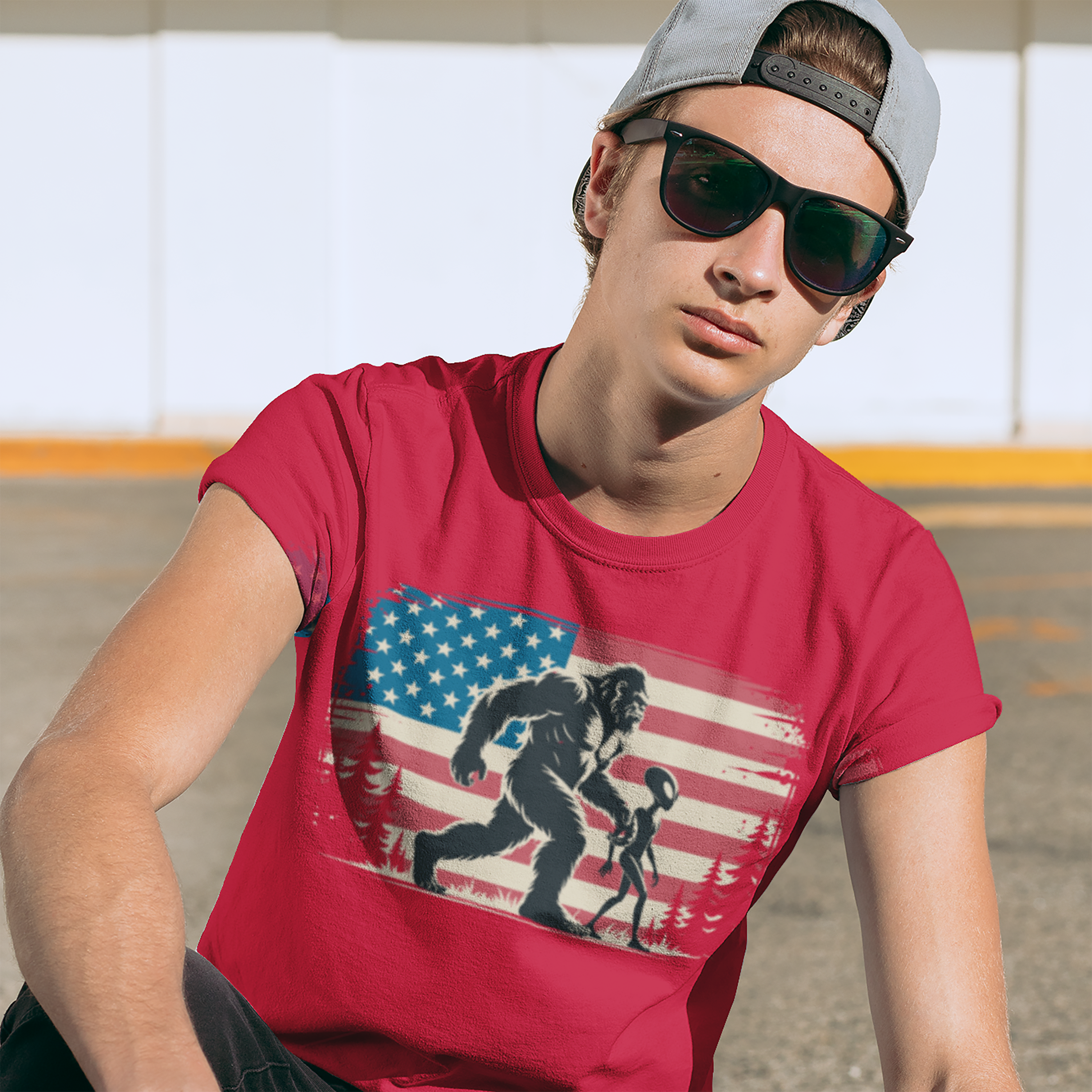 Bigfoot & Alien Holding Hands T-Shirt — American Flag Graphic