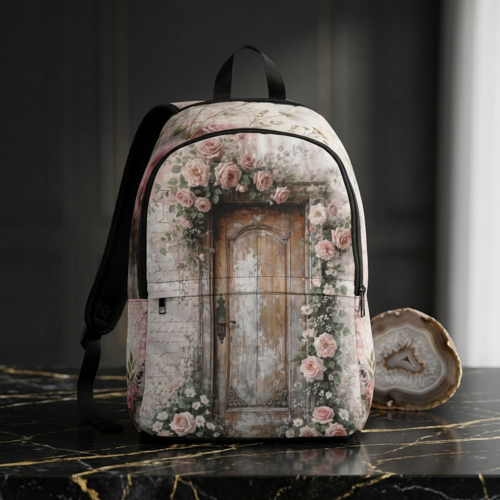 Vintage Rose Garden Backpack — 'Every Door Has a Story' Floral Doorpack