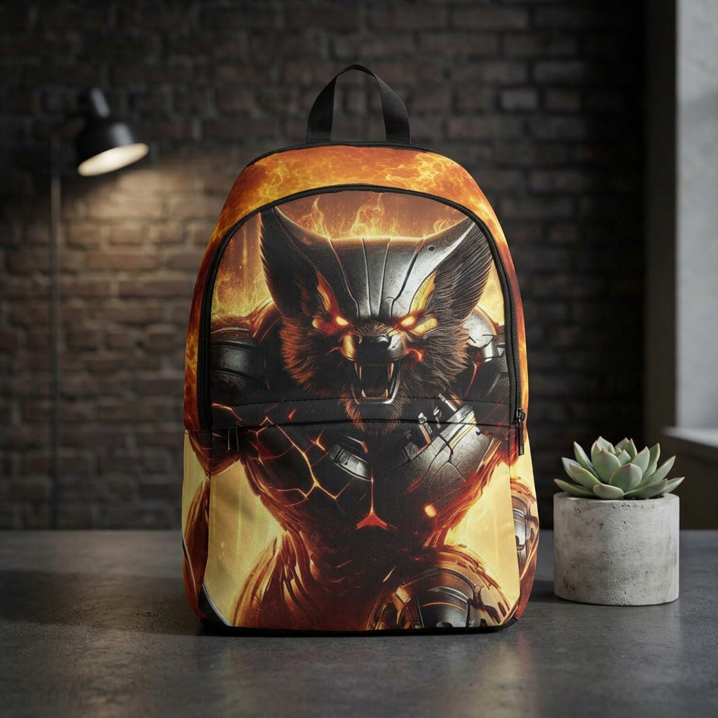 Flame Werewolf Backpack — Fiery Monster Graphic Backpack for Teens & Gamers