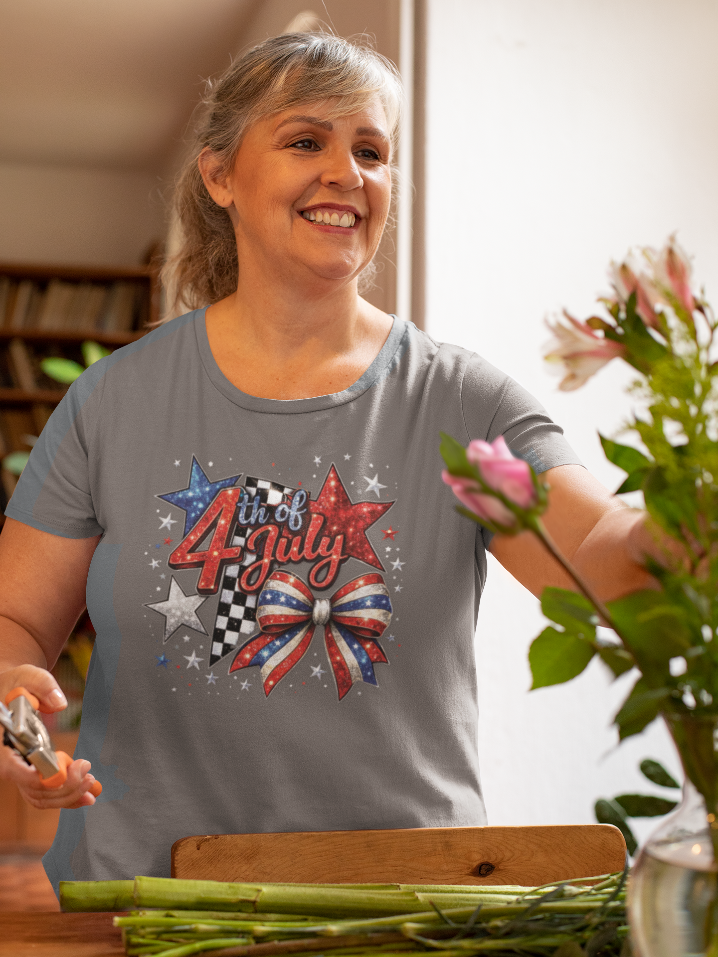 4th of July Patriotic T-Shirt – Red White Blue Stars & Bow Design
