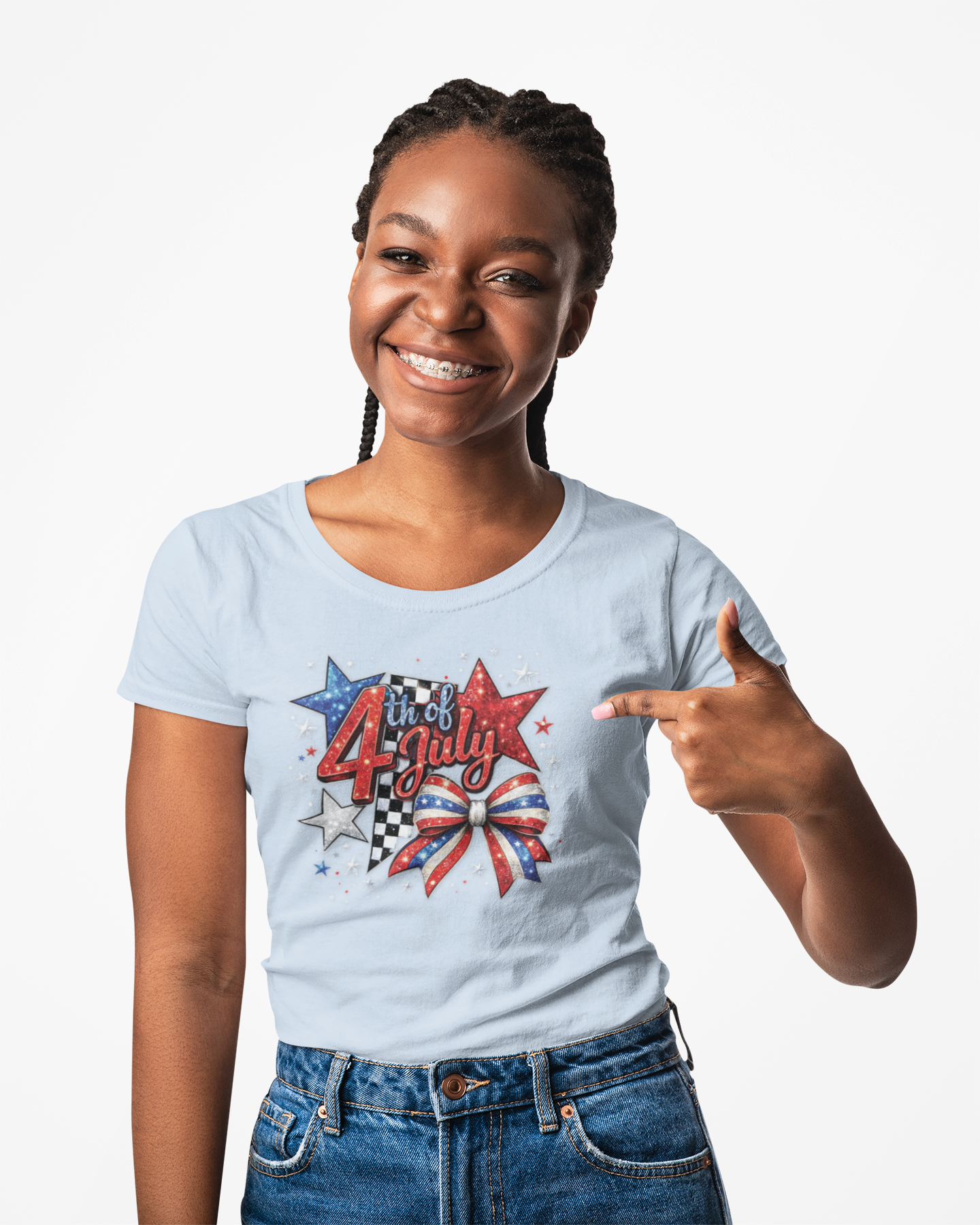 4th of July Patriotic T-Shirt – Red White Blue Stars & Bow Design