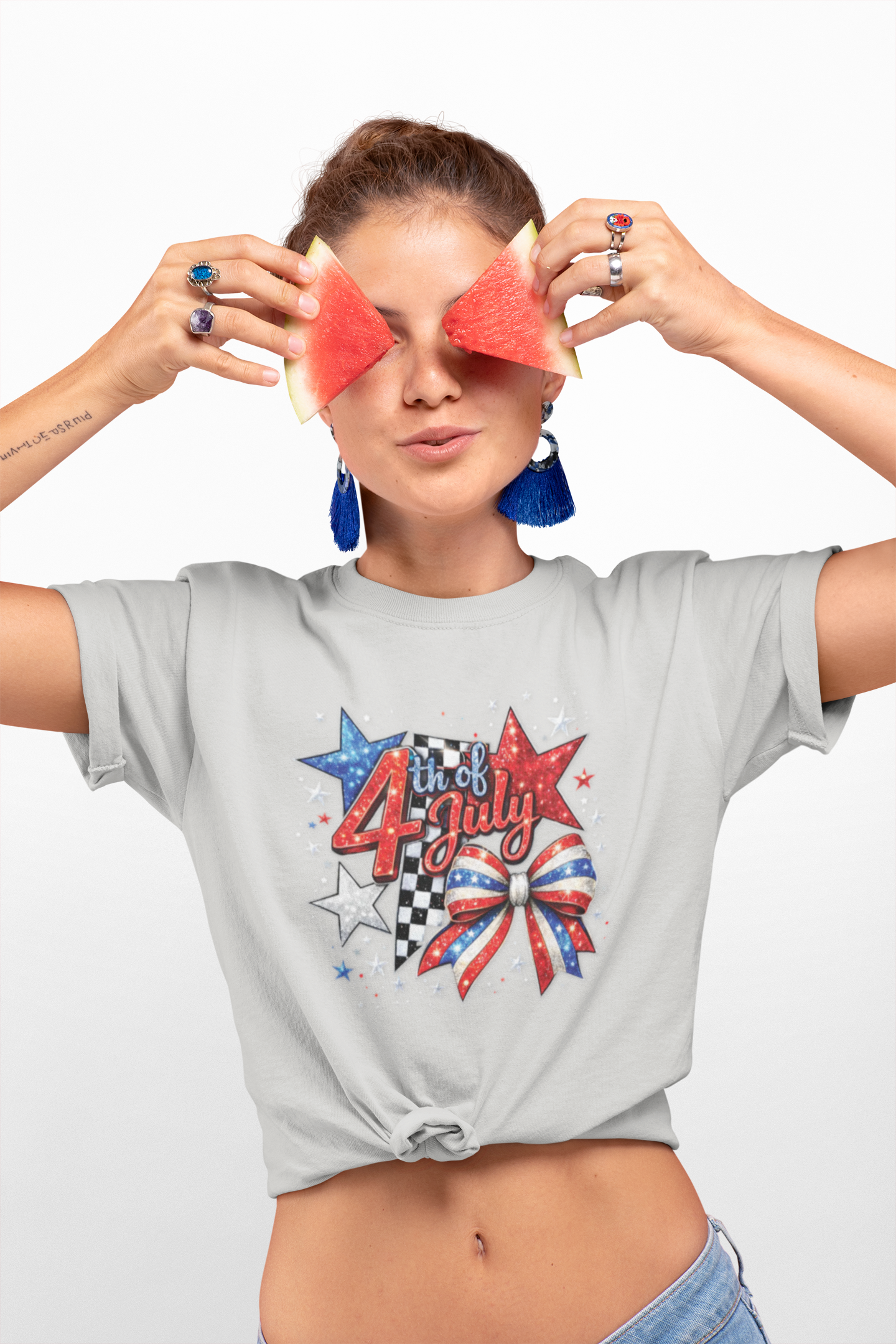4th of July Patriotic T-Shirt – Red White Blue Stars & Bow Design