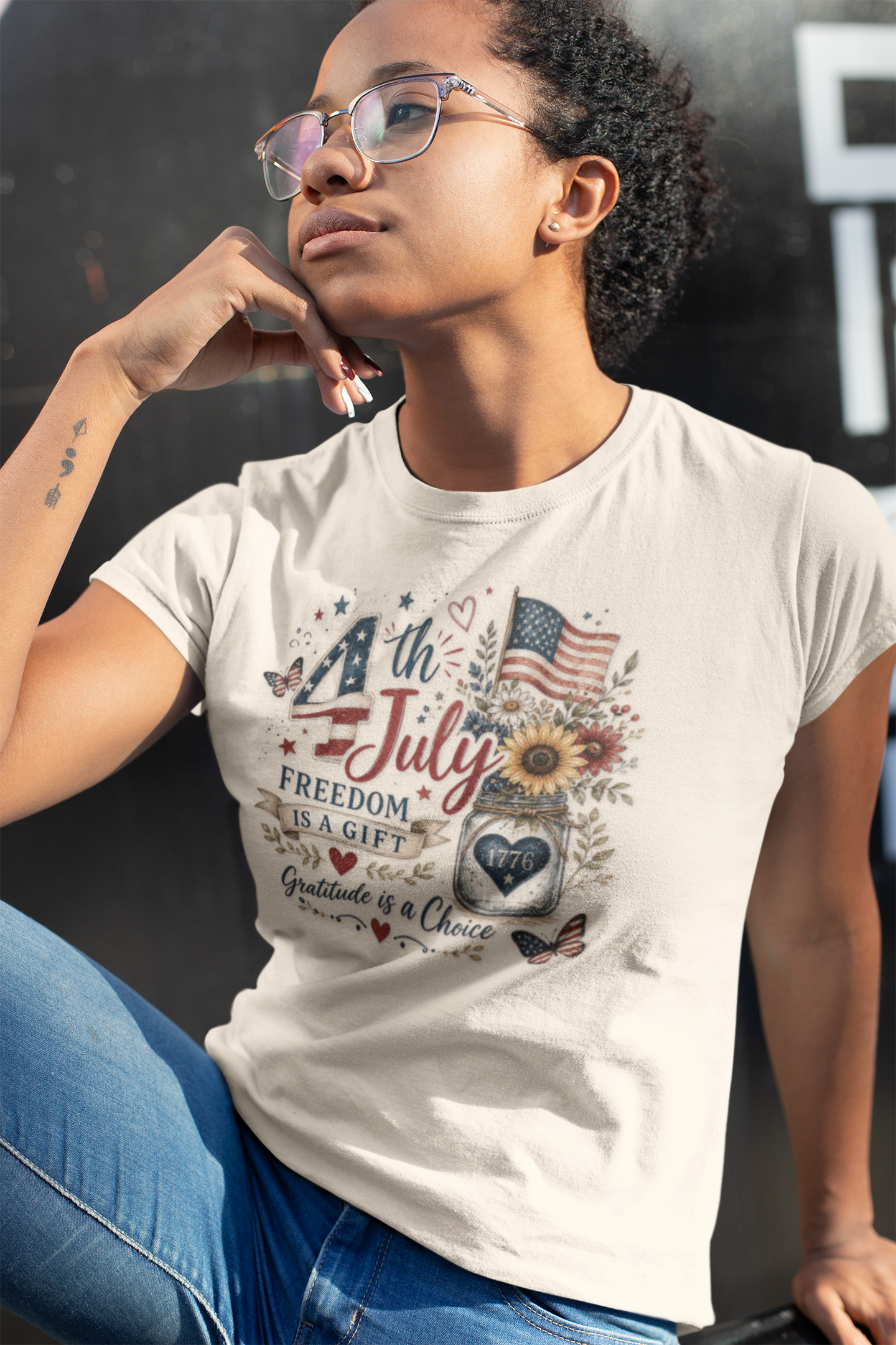 4th of July T-Shirt — "Freedom Is A Gift" Patriotic American Flag & Sunflower Tee