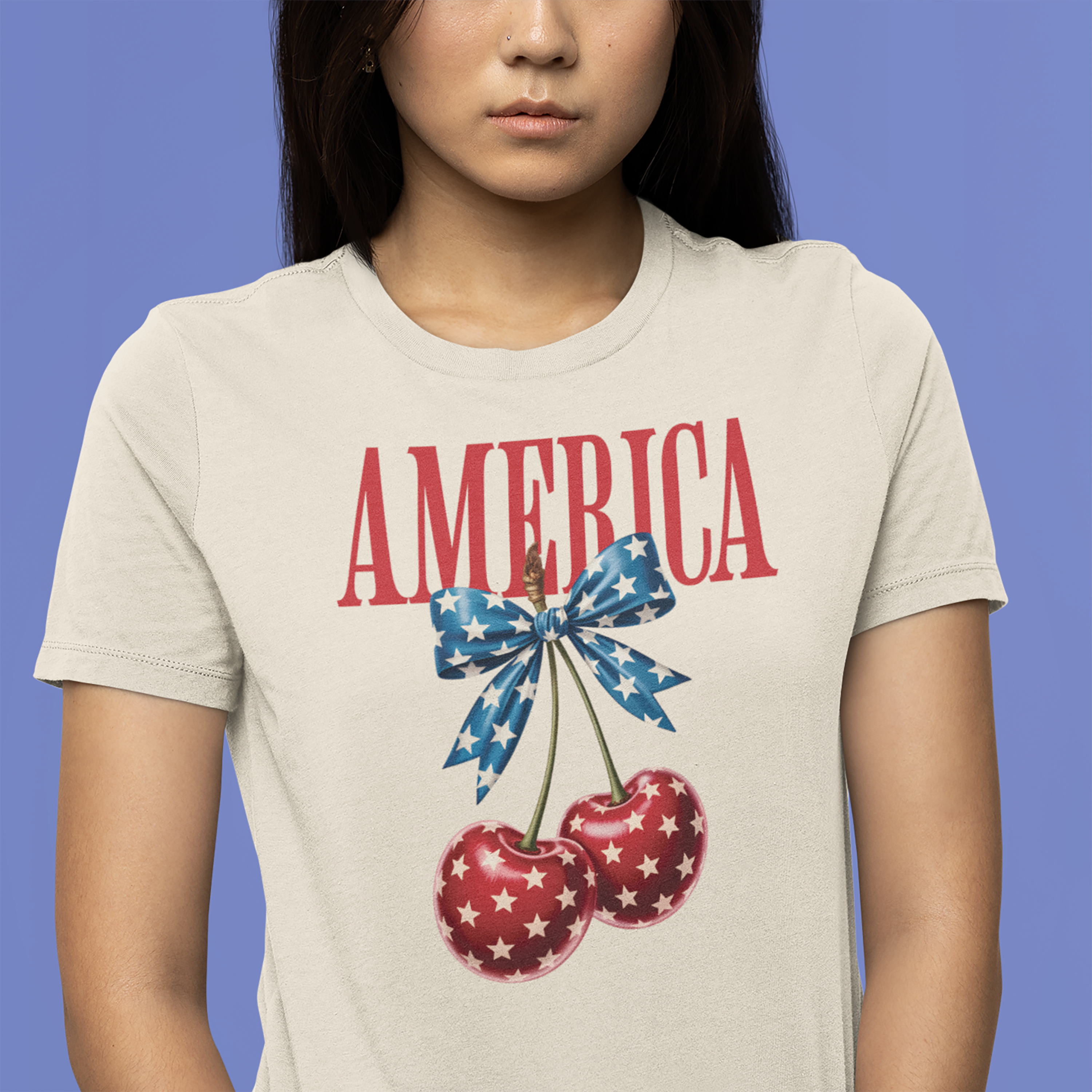 Patriotic Cherry T-Shirt — Glossy Stars & Vintage “AMERICA” Design
