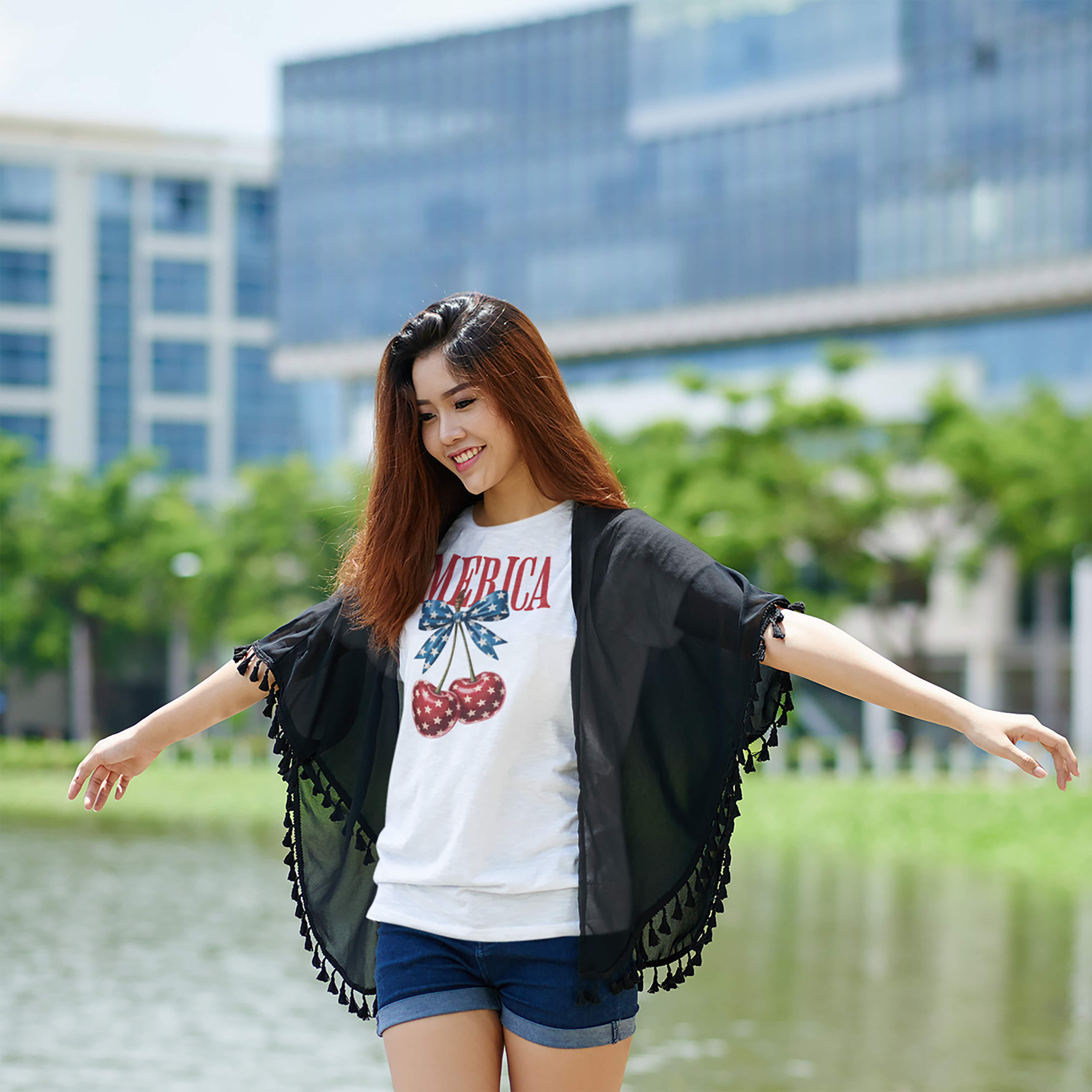 Patriotic Cherry T-Shirt — Glossy Stars & Vintage “AMERICA” Design