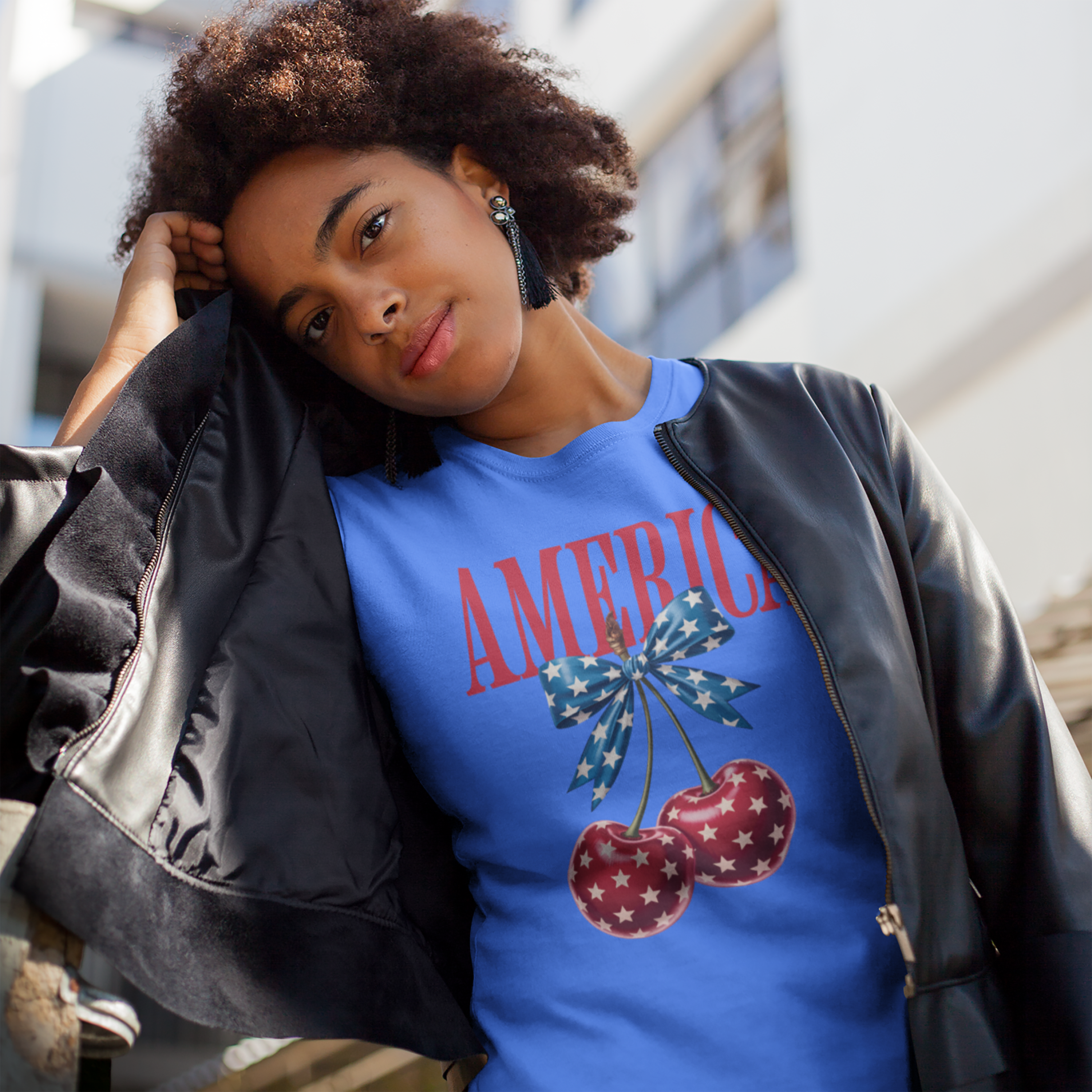 Patriotic Cherry T-Shirt — Glossy Stars & Vintage “AMERICA” Design