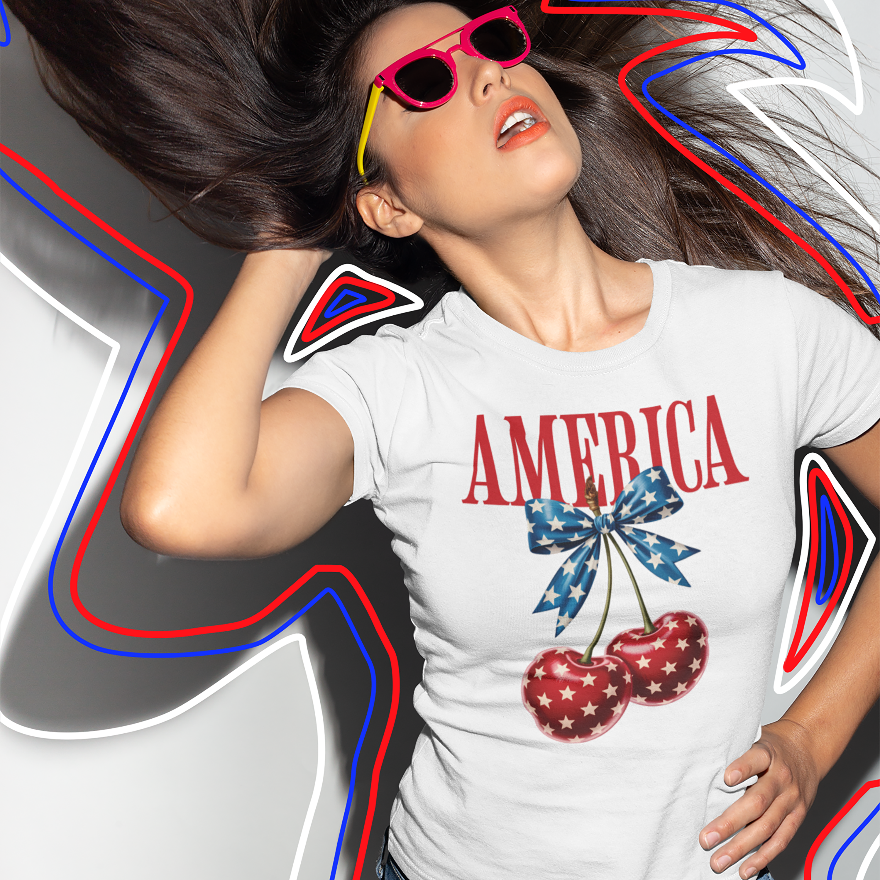 Patriotic Cherry T-Shirt — Glossy Stars & Vintage “AMERICA” Design